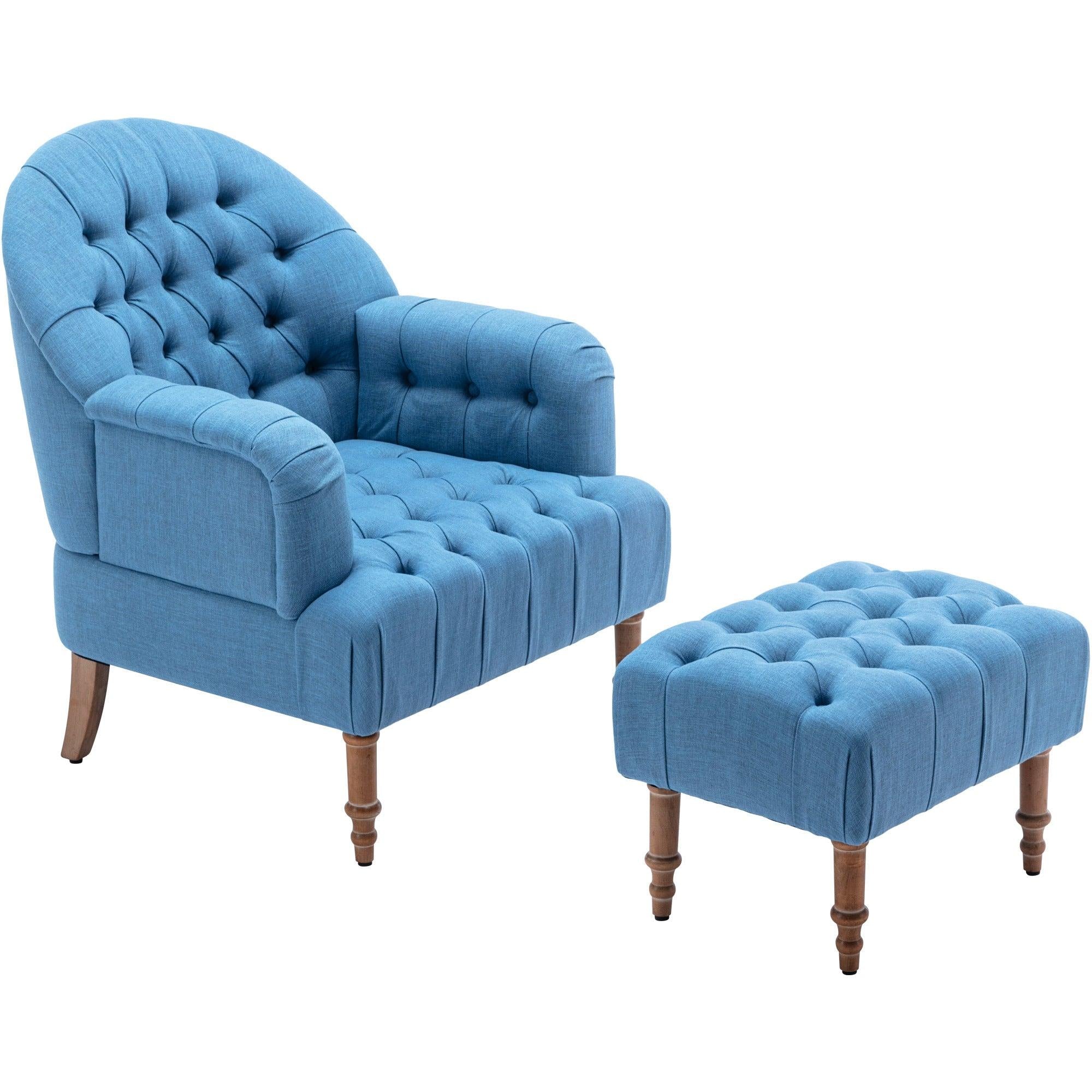 Accent Chair,Button-Tufted Upholstered Chair Set ,Mid CenturyModern Chair with Linen Fabric and Ottoman for Living Room Bedroom Office Lounge,Blue