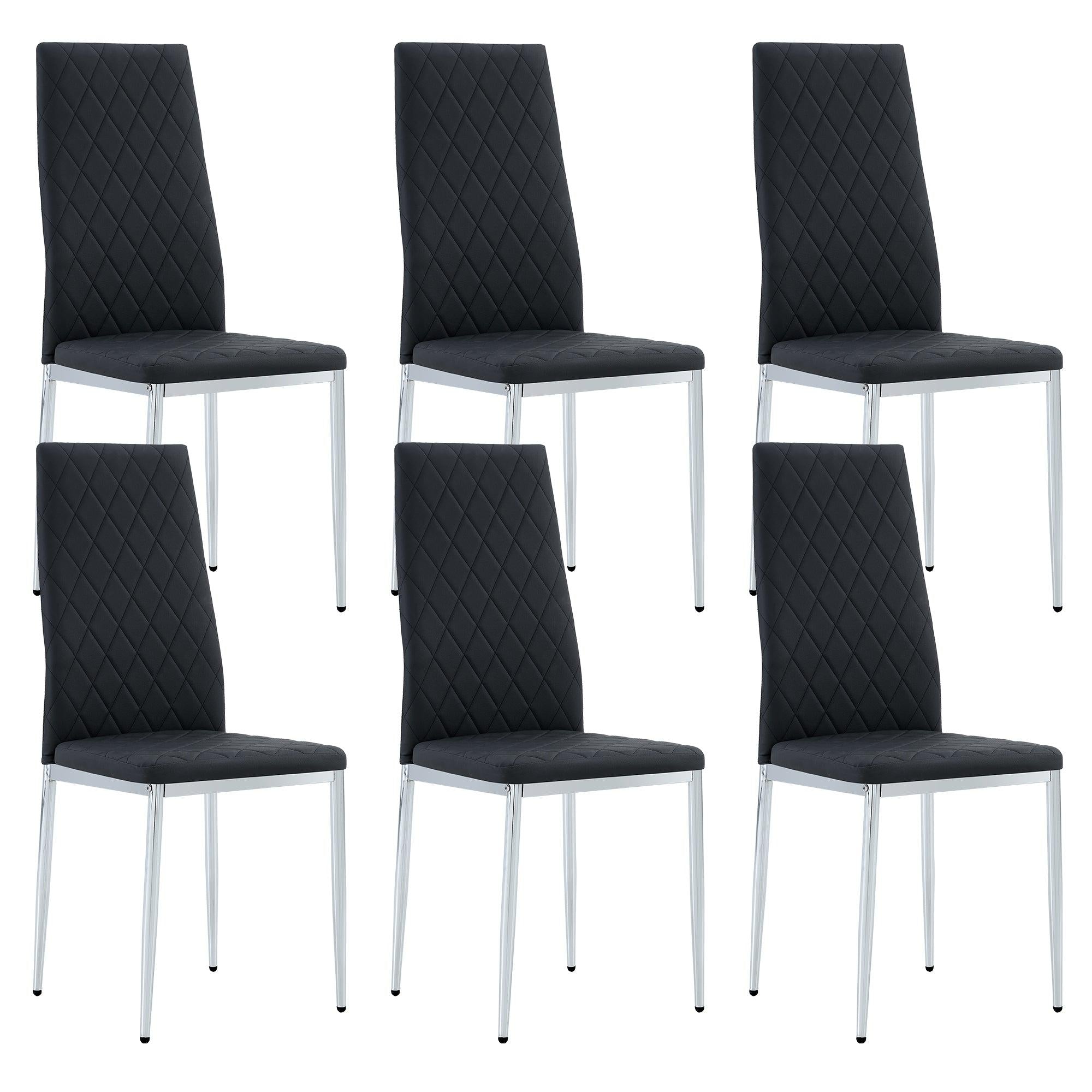 Grid Shaped Armless High Back Dining Chair, 6-piece set, Office Chair. Applicable to DiningRoom, Living Room, Kitchen and Office.Black Chair and Electroplated Metal Leg