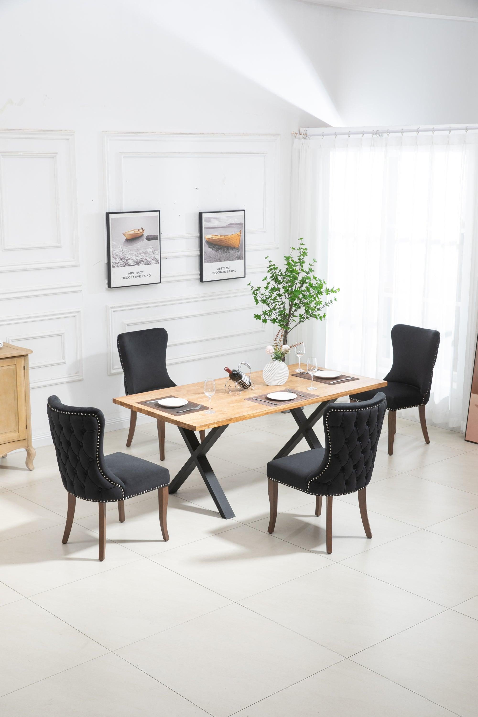 Set of 2 Velvet Upholstered Dining chair with Designed Back and Nailhead trim and Solid Wood Legs BLACK