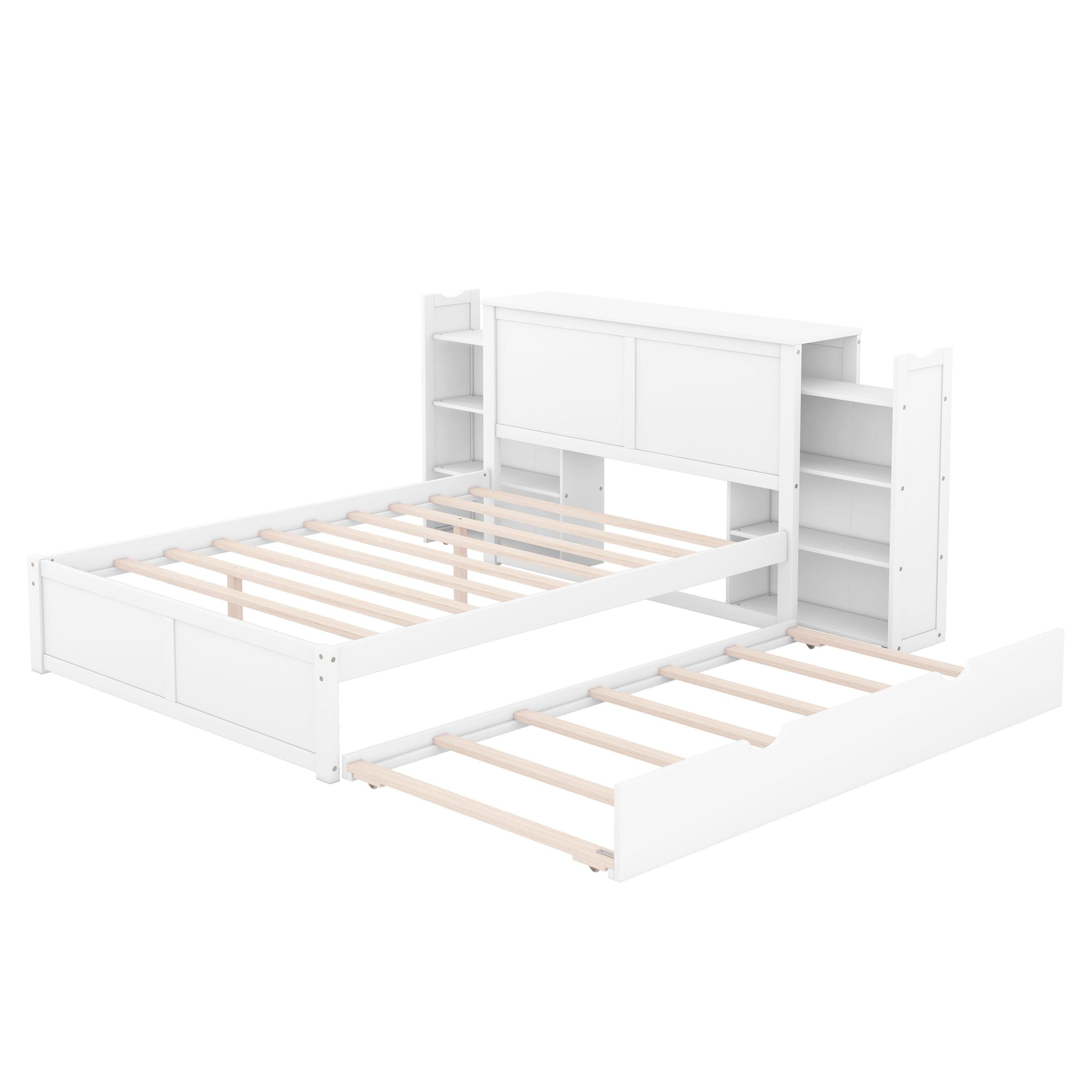 Full SizeStorage Platform Bed with Pull Out Shelves and Twin Size Trundle, White