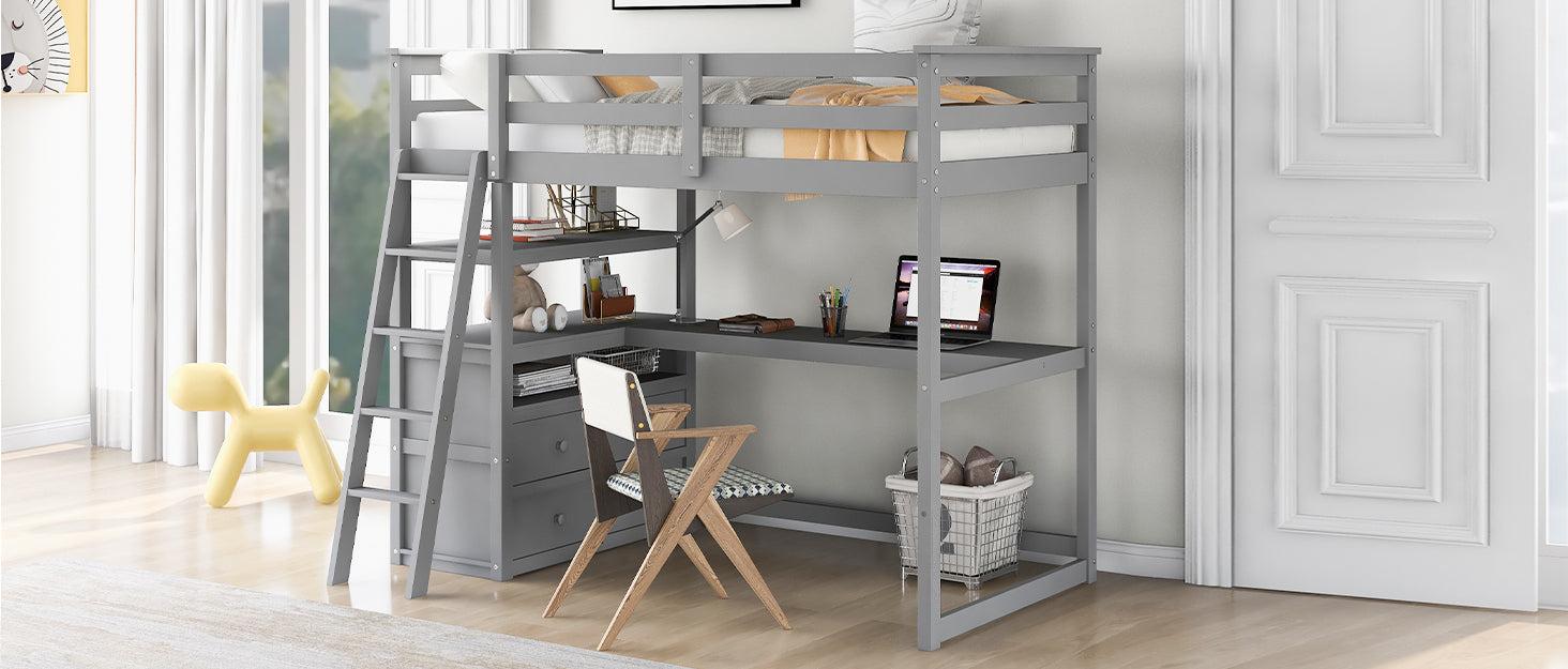 Twin Size Loft Bed with Desk and Shelves, Two Built-in Drawers, Gray