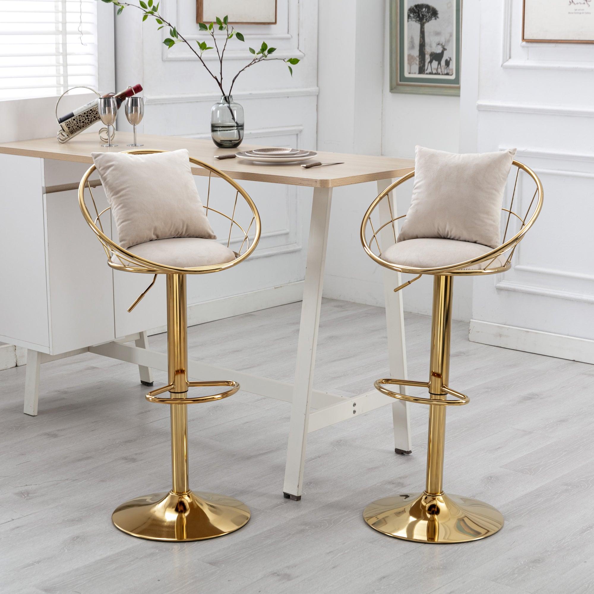 Off-White velvet bar chair, pure gold plated, unique design，360 degree rotation, adjustable height，Suitable for dinning room and bar，set of 2