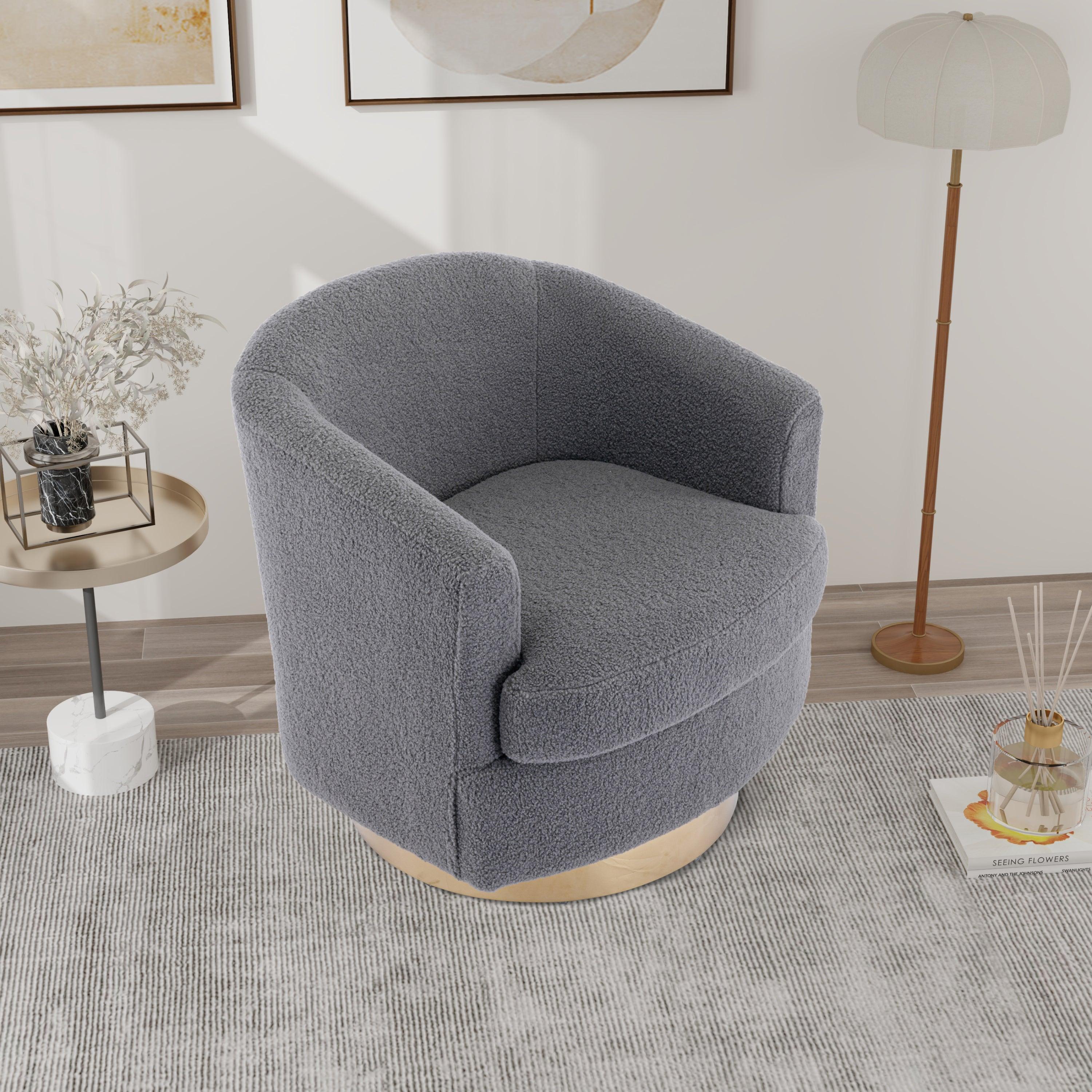 30.7''W Boucle Swivel Accent Barrel ChairModern Comfy Sofa With Gold Stainless Steel Base for Living Room, 360 Degree Club Arm Chair for Nursery Bedroom Living Room Lounge Hotel (Gray Boucle)