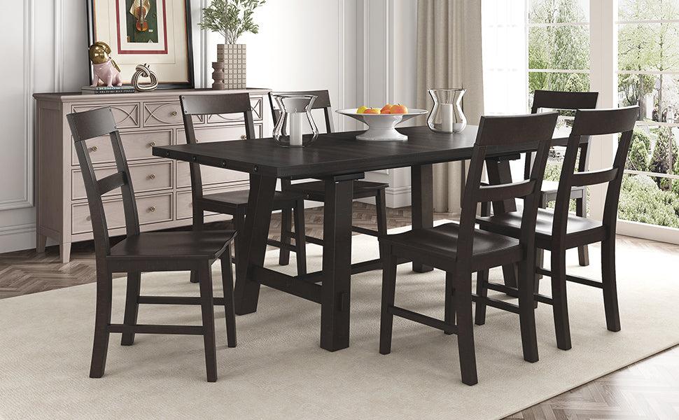 Retro Industrial Style 7-Piece Dining Table Set Extendable Table with 18” Leaf and Six Wood Chairs 
(Espresso)