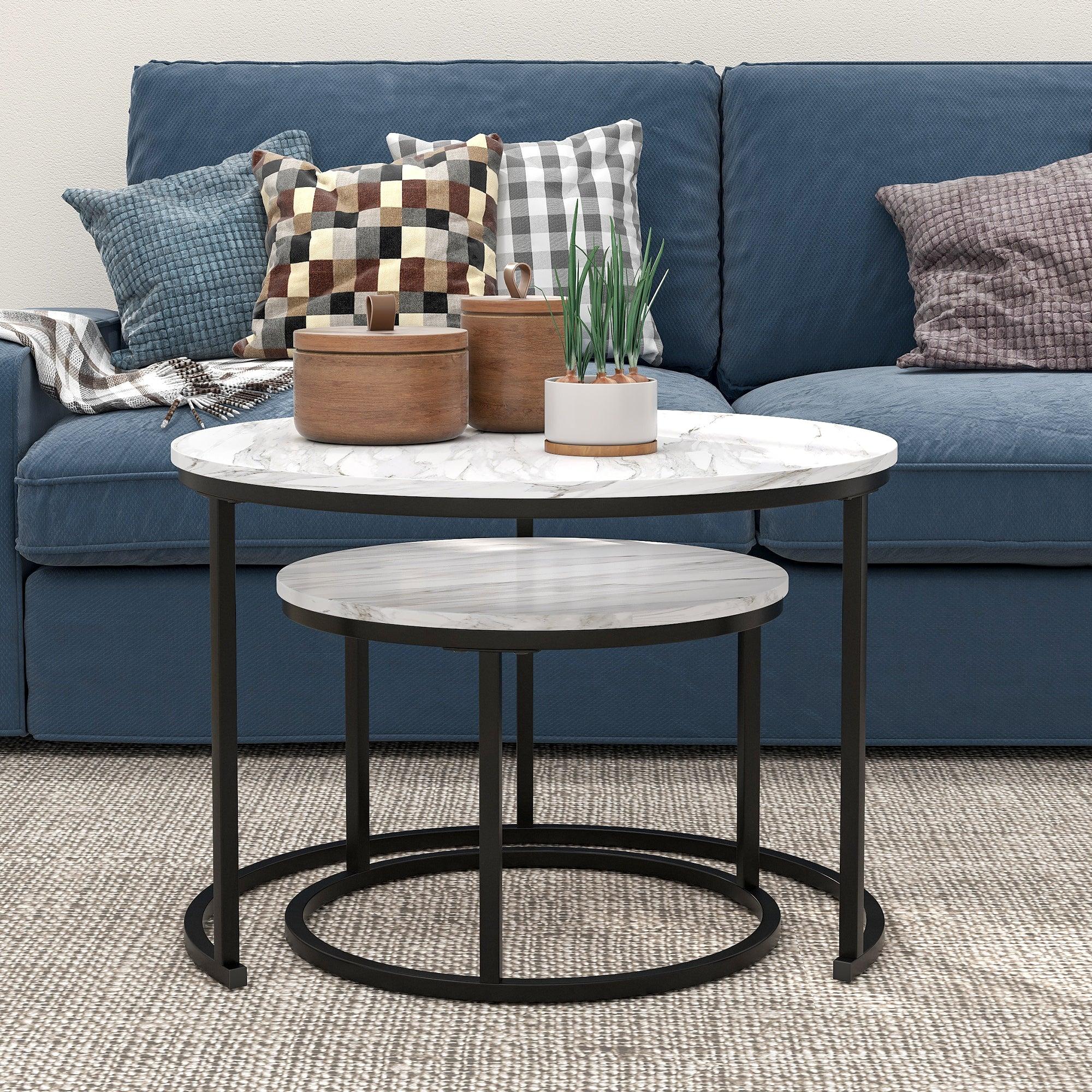 Coffee Tables for Living Room - Round Coffee Table Set of 2 End Tabl, Nesting Tables for Small Spaces, Easy to Assemble, Black+White