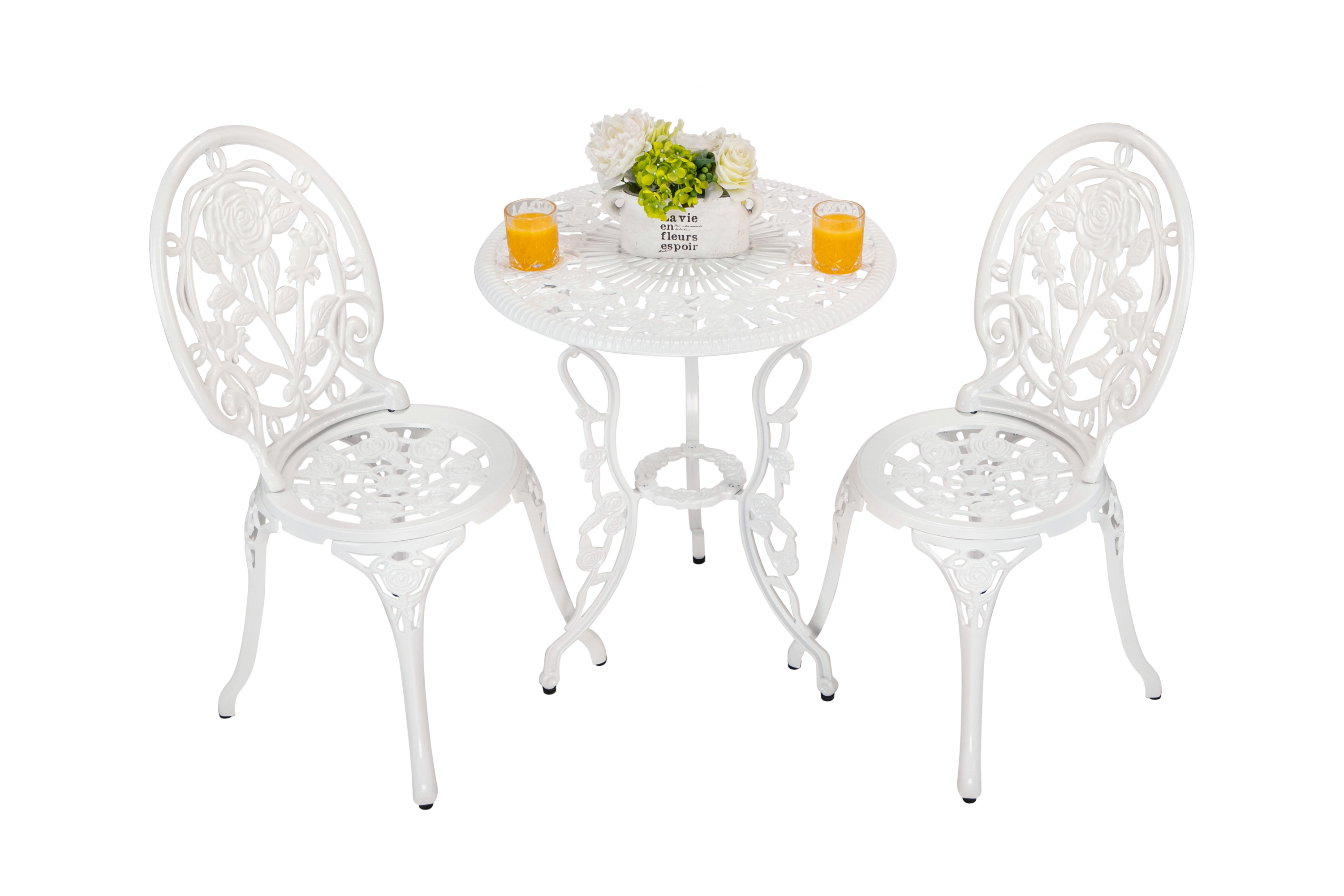 Bistro Table Set, White Rose 3 Piece, Outdoor Patio Table and Chairs Furniture, Durable Rust Weather Resistance，Rose White