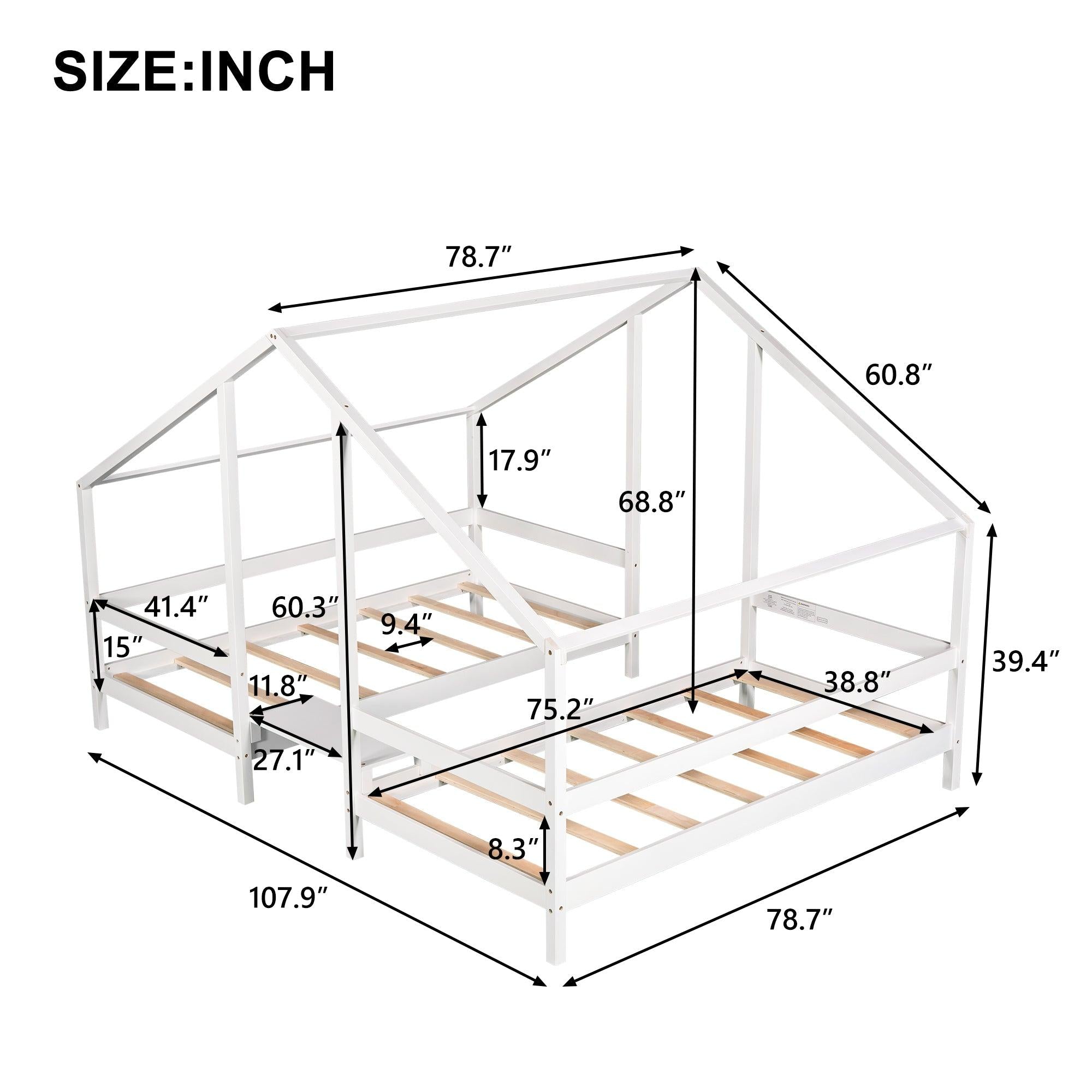 Double Twin Size Triangular House Beds with Built-in Table,White