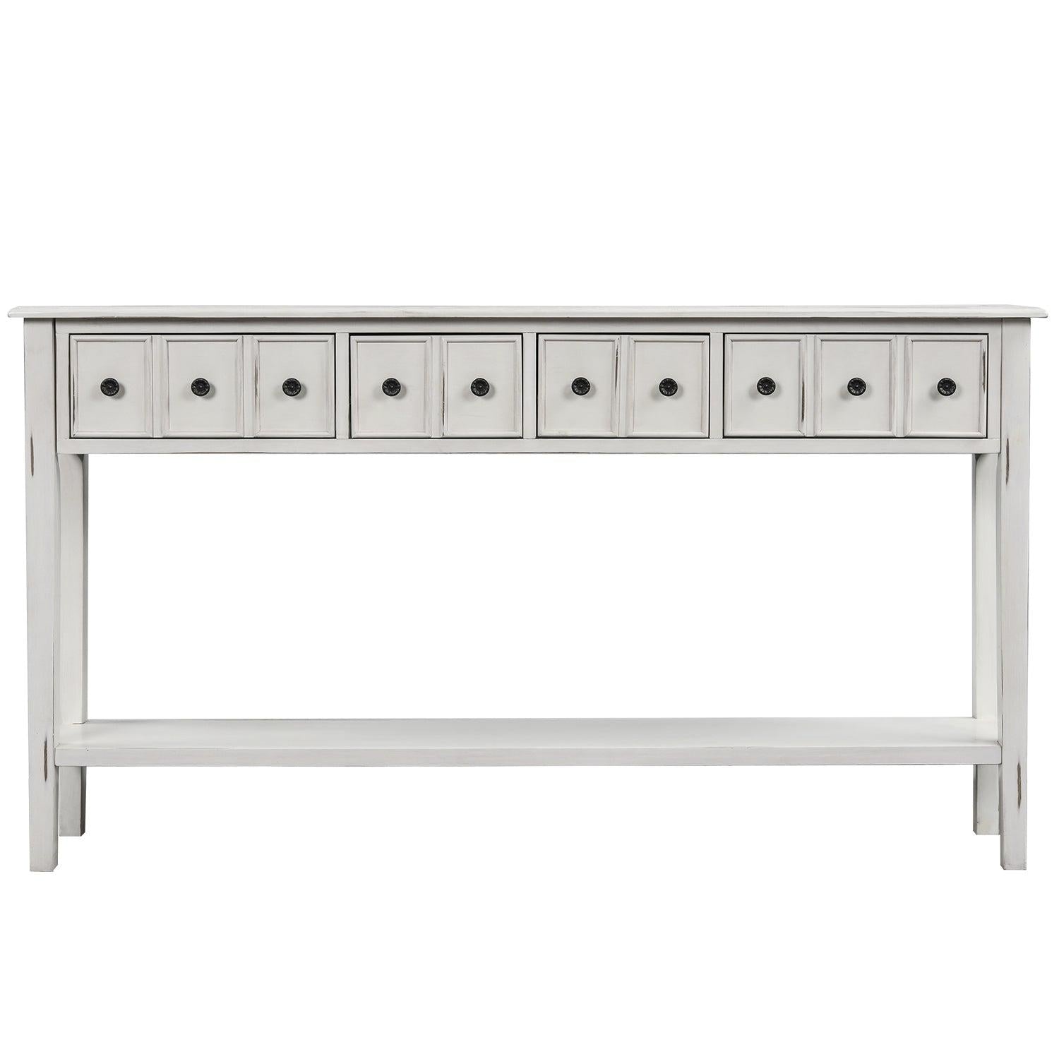 Rustic Entryway Console Table, 60" Long with two Different Size Drawers and Bottom Shelf forStorage (Antique White)