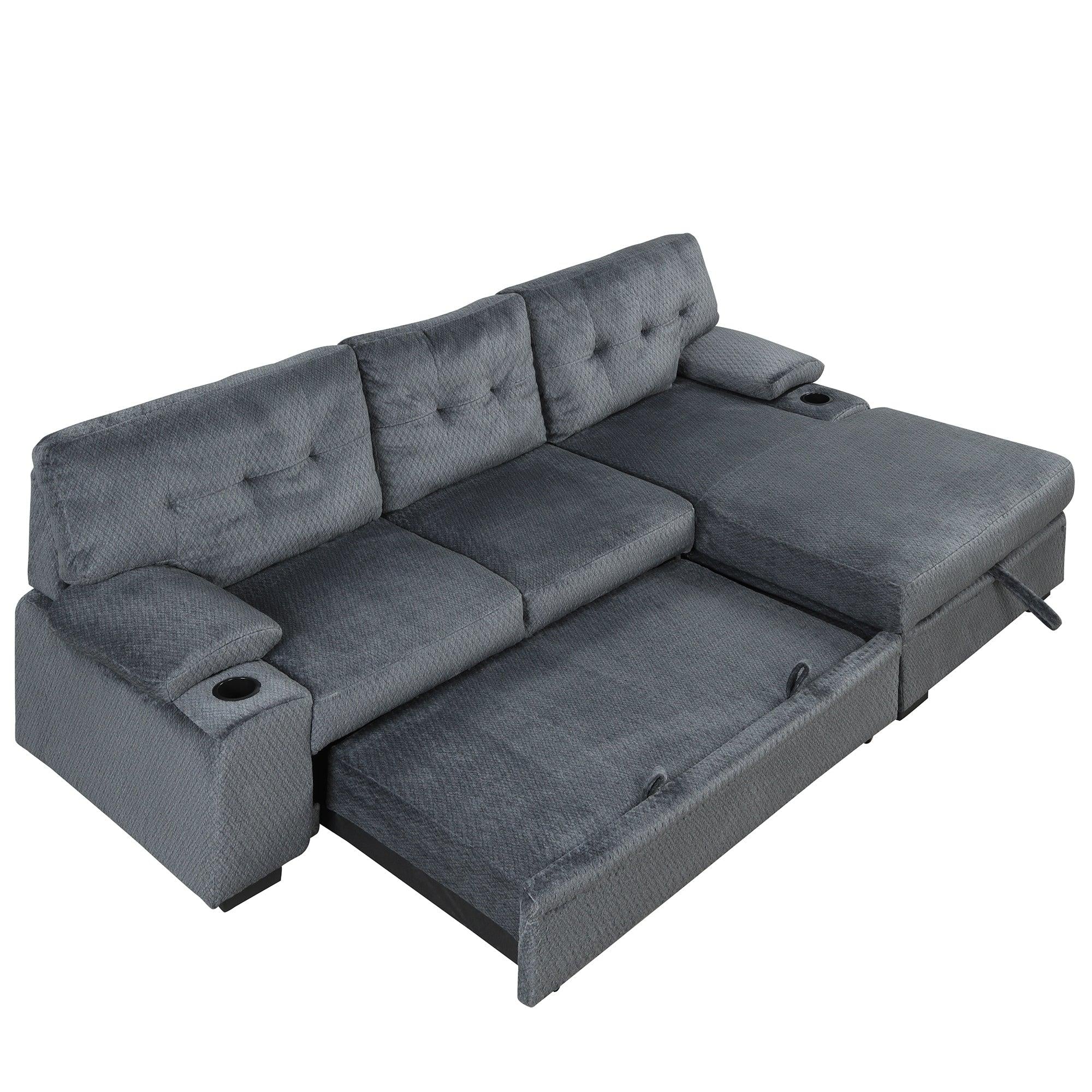 95.7"Modern Padded Upholstered  Sofa Bed Sleeper Sectional Sofa withStorage Chaise and Cup Holder for Living Room Furniture Set