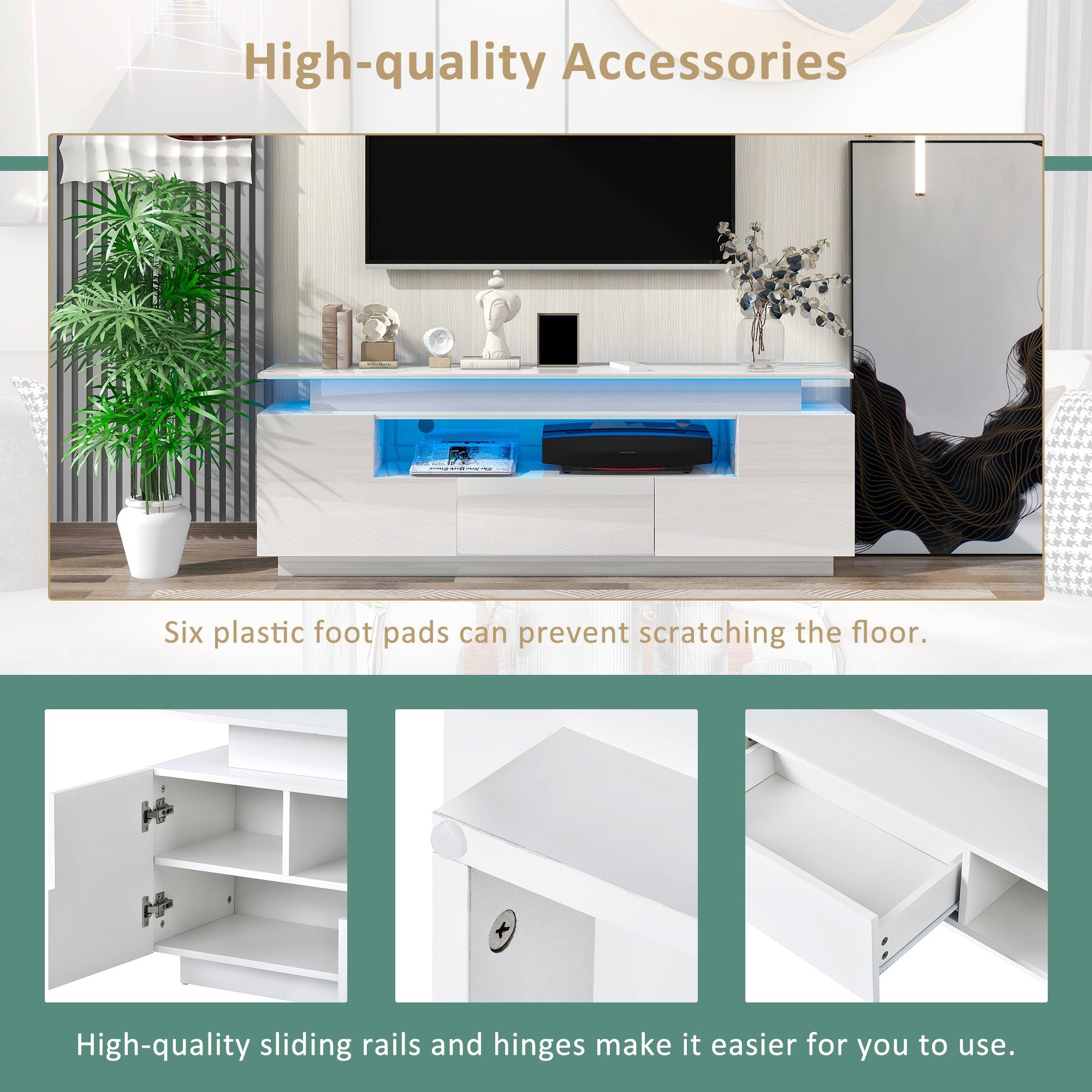 Modern, Stylish Functional TV stand with Color Changing LED Lights, Universal Entertainment Center, High Gloss TV Cabinet for 75+ inch TV, White