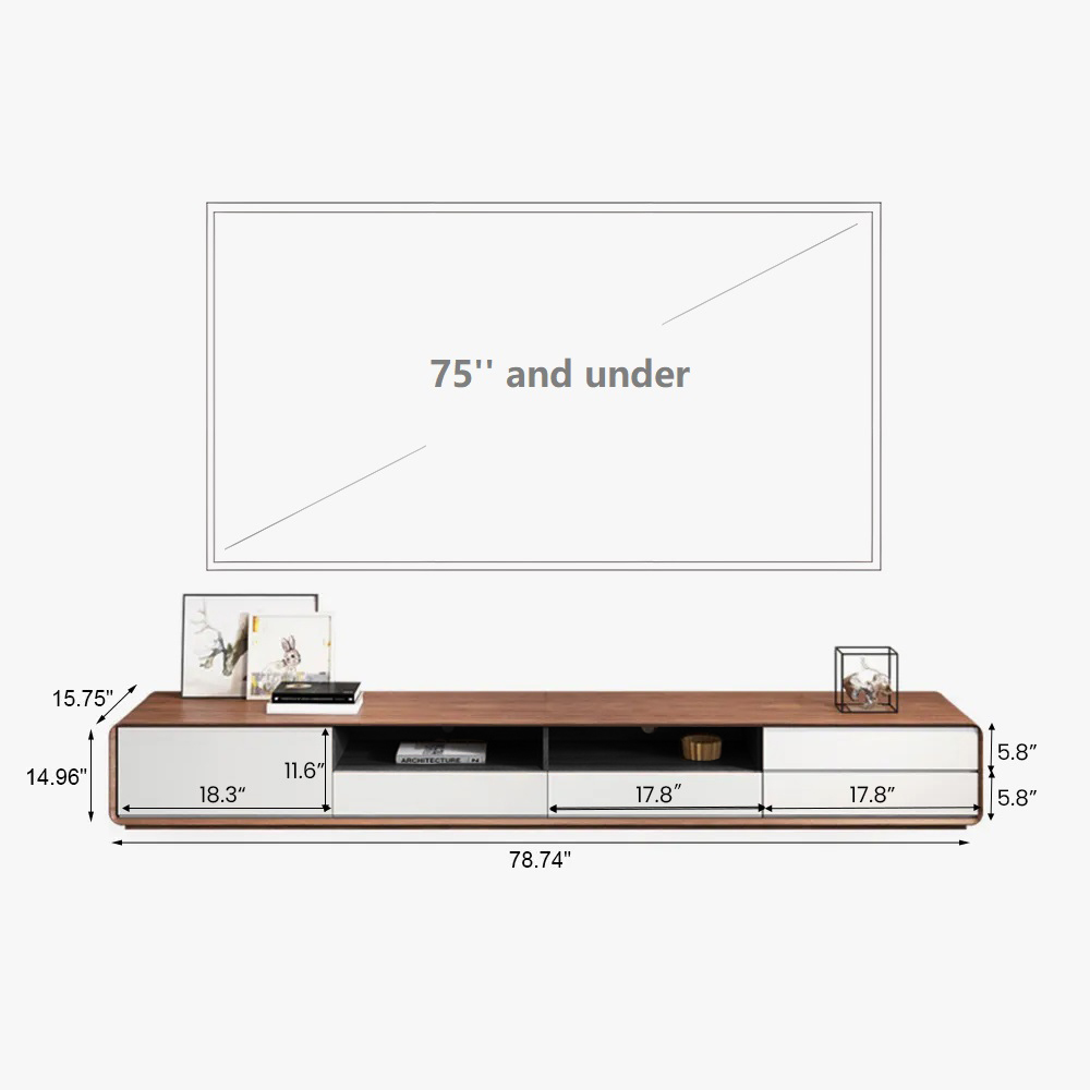 Modern Wood White TV Stand, Lowline Media Console with 4 Drawers, OpenStorage Cabinet, Walnut Veneer, Fully-assembled, 78"