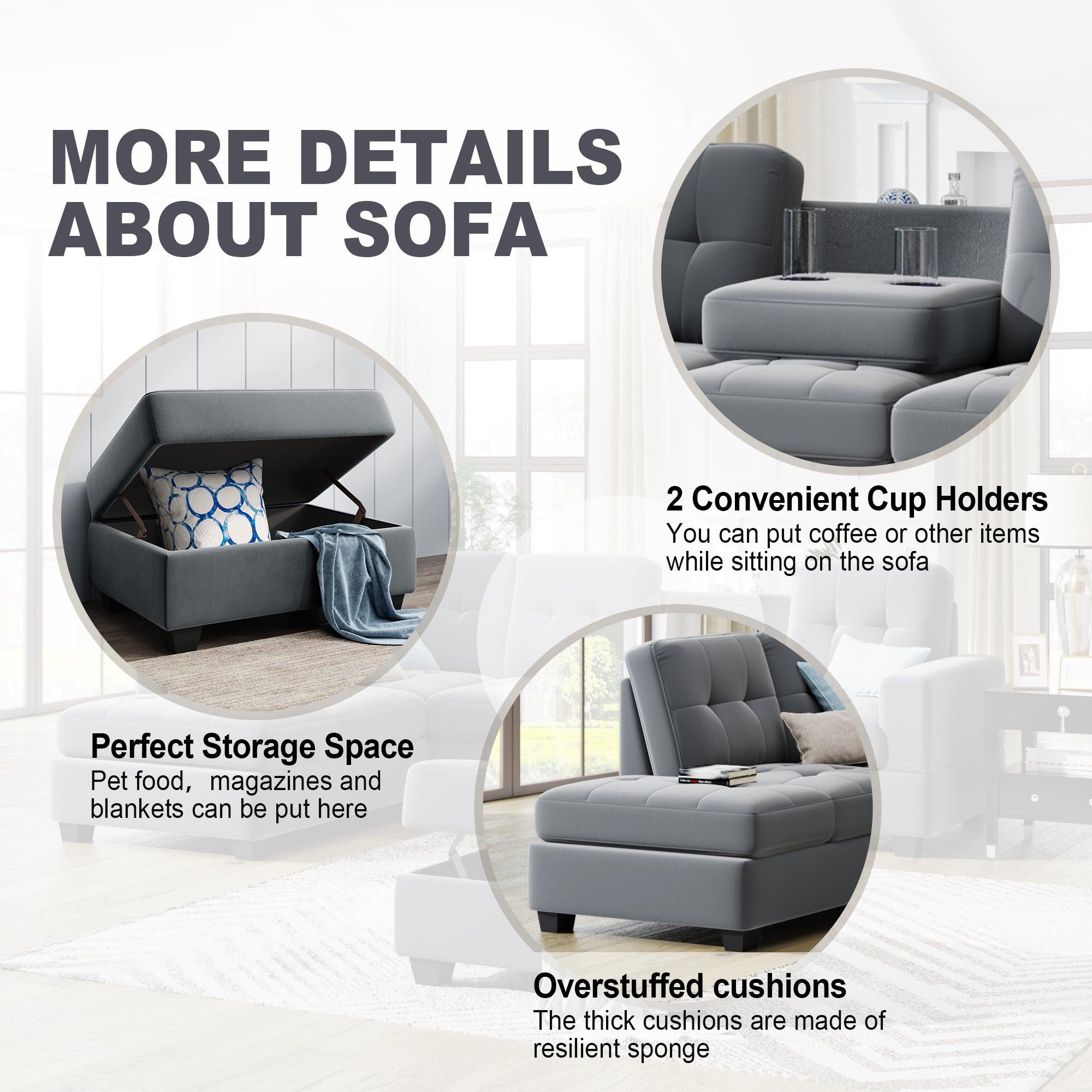 Sectional Sofa with Reversible Chaise Lounge, L-Shaped Couch withStorage Ottoman and Cup Holders