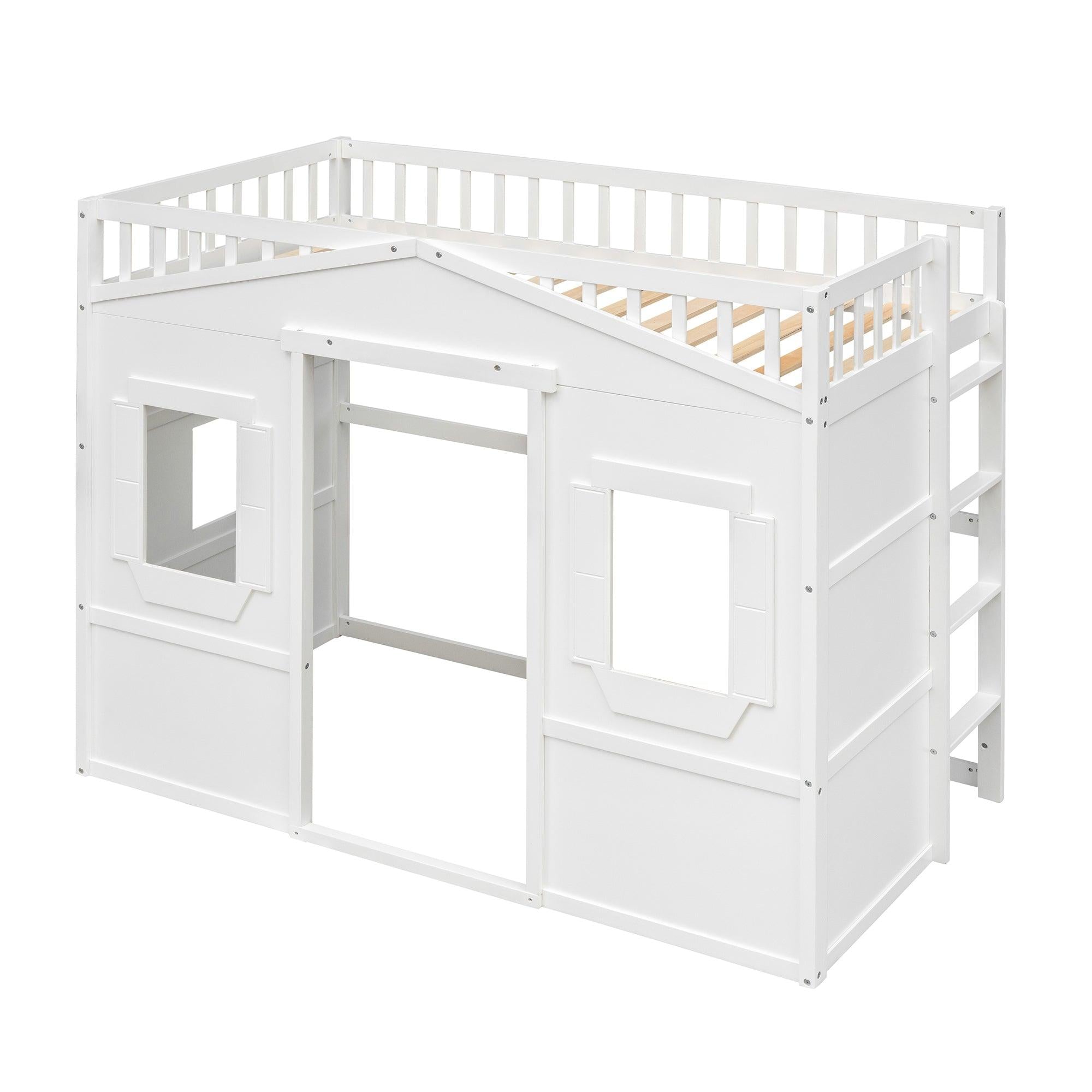 Twin Size House Loft Bed With Ladder-White