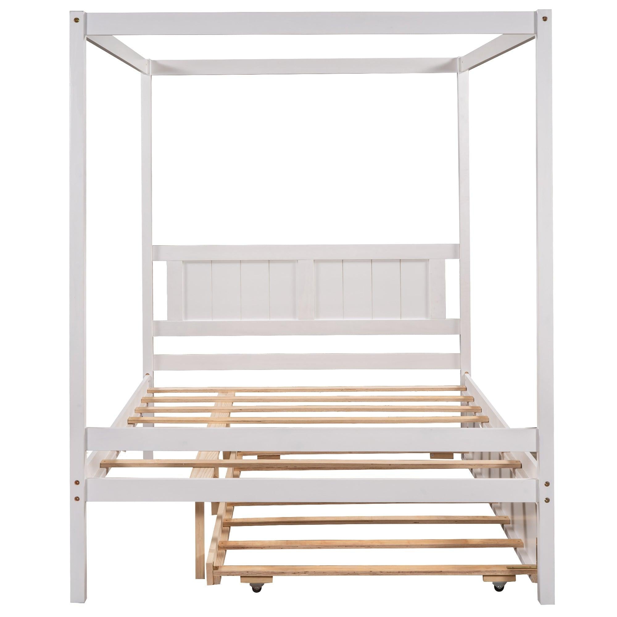 Full Size Canopy Platform Bed with Trundle,With Slat Support Leg,White