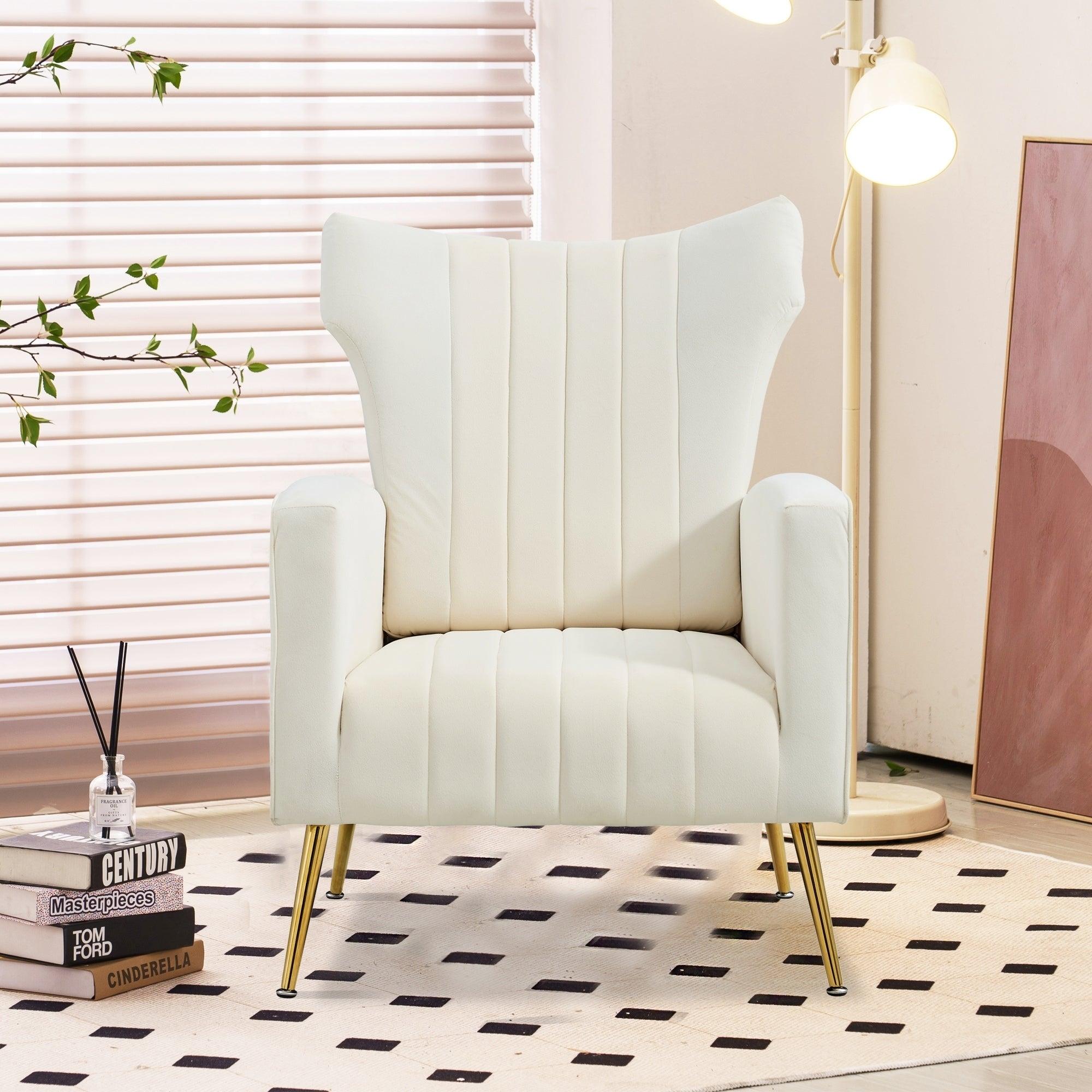 Modern Velvet Accent Chair with Arms, Wingback Reading Chair with Gold Metal Legs, Comfy Upholstered Single Leisure Sofa for Living Room Bedroom Club(Velvet+White)