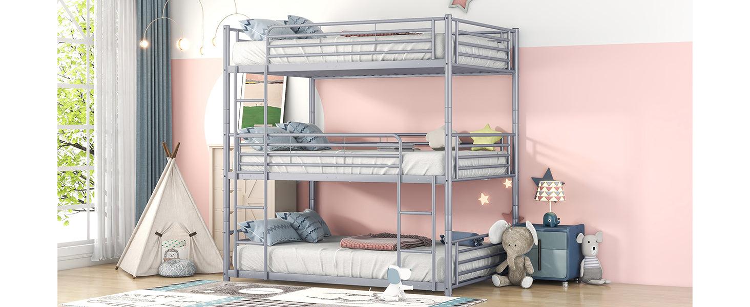 Full-Full-Full Metal  Triple Bed  with Built-in Ladder, Divided into Three Separate Beds,Gray