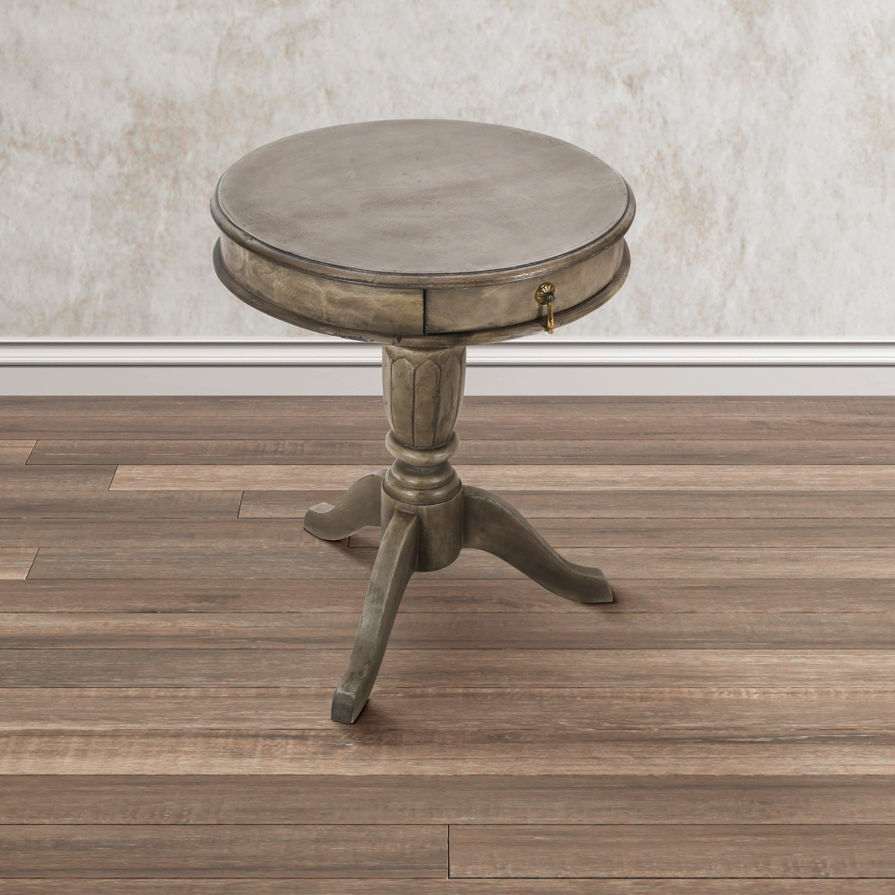 21 Inch Handcrafted ManWood Side Table with Drawer, Classic Pedestal Base and Round Top, Rustic Gray