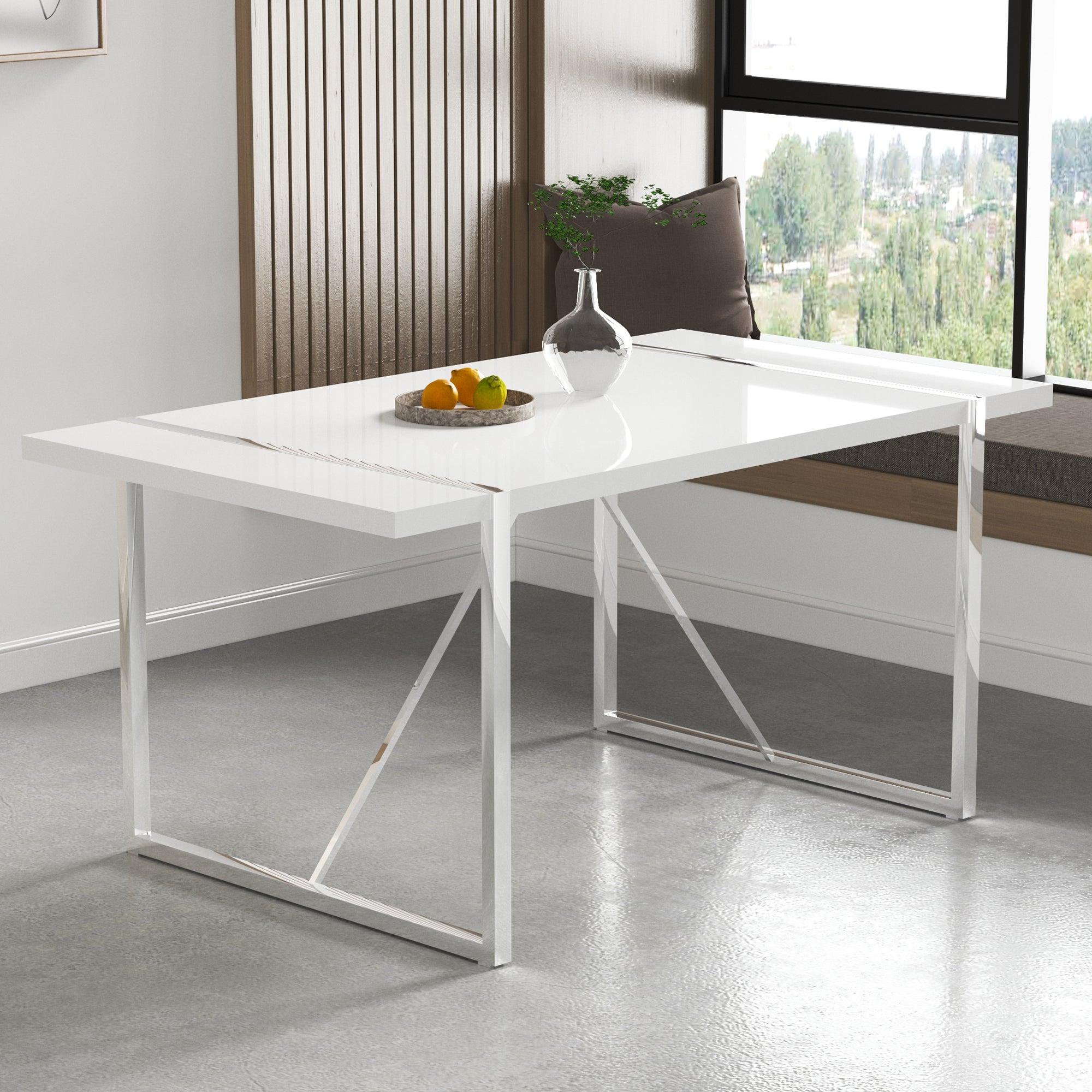 Dining Table.Rustic Industrial Rectangular MDF Wood White Dining Table For 4-6 Person, With 1.6" Thick Engineered Wood Tabletop and plating Metal Legs, For writing DeskKitchen terrace Dining  Room