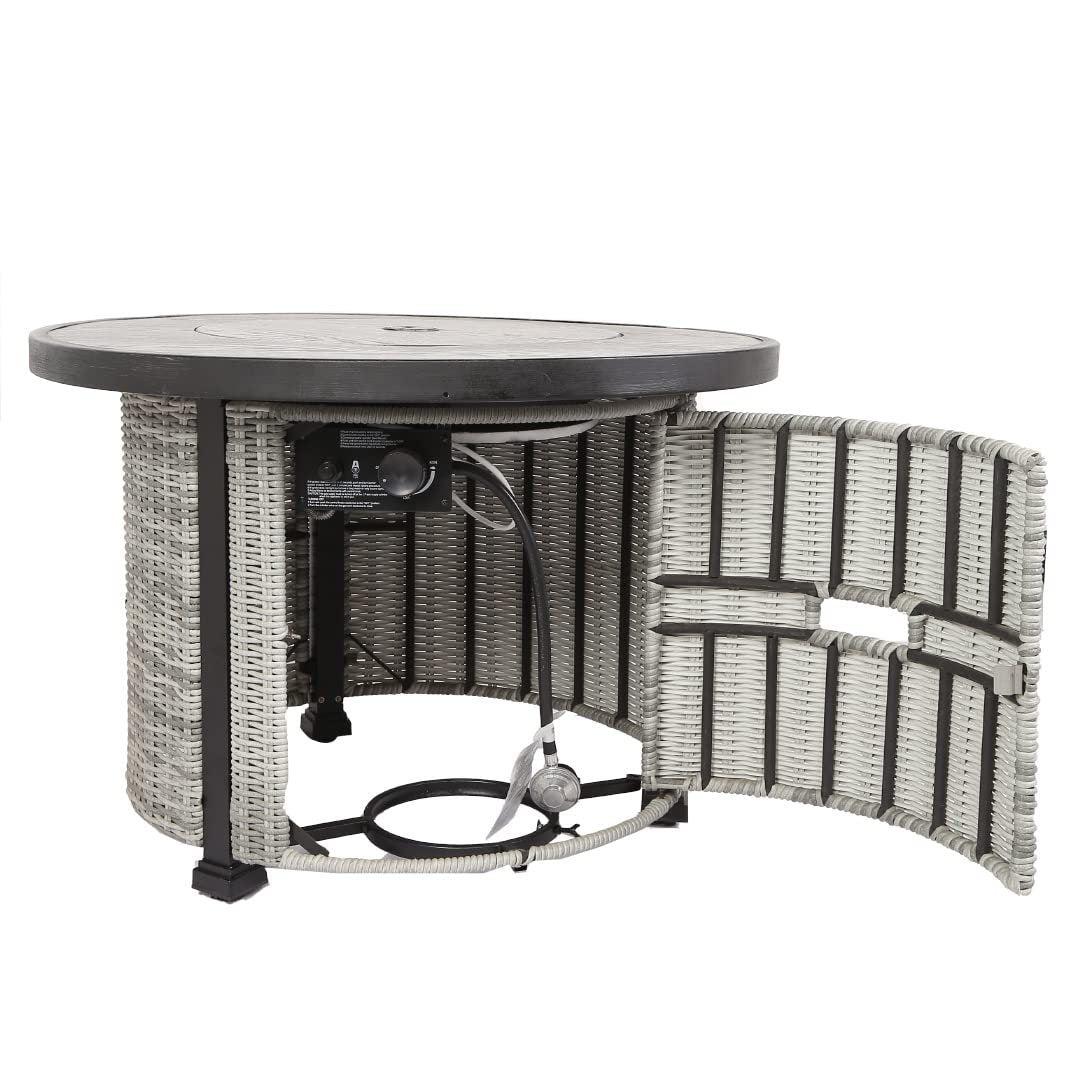 36 inch Gas Propane Fire Pit Table, 50000 BTU Round Gas Fire Table with Lid & Lava Rock, Grey Rattan & Wicker Base, Outdoor Gas Firepit Table for Outside, Yard, Patio, Party, Garden