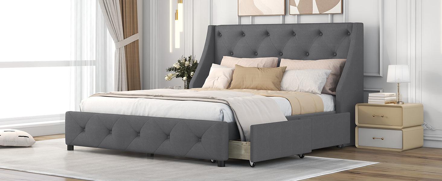 Upholstered Platform Bed with Wingback Tufted Headboard and 4 Drawers, No Box Spring Needed, Linen Fabric, Queen Size Gray