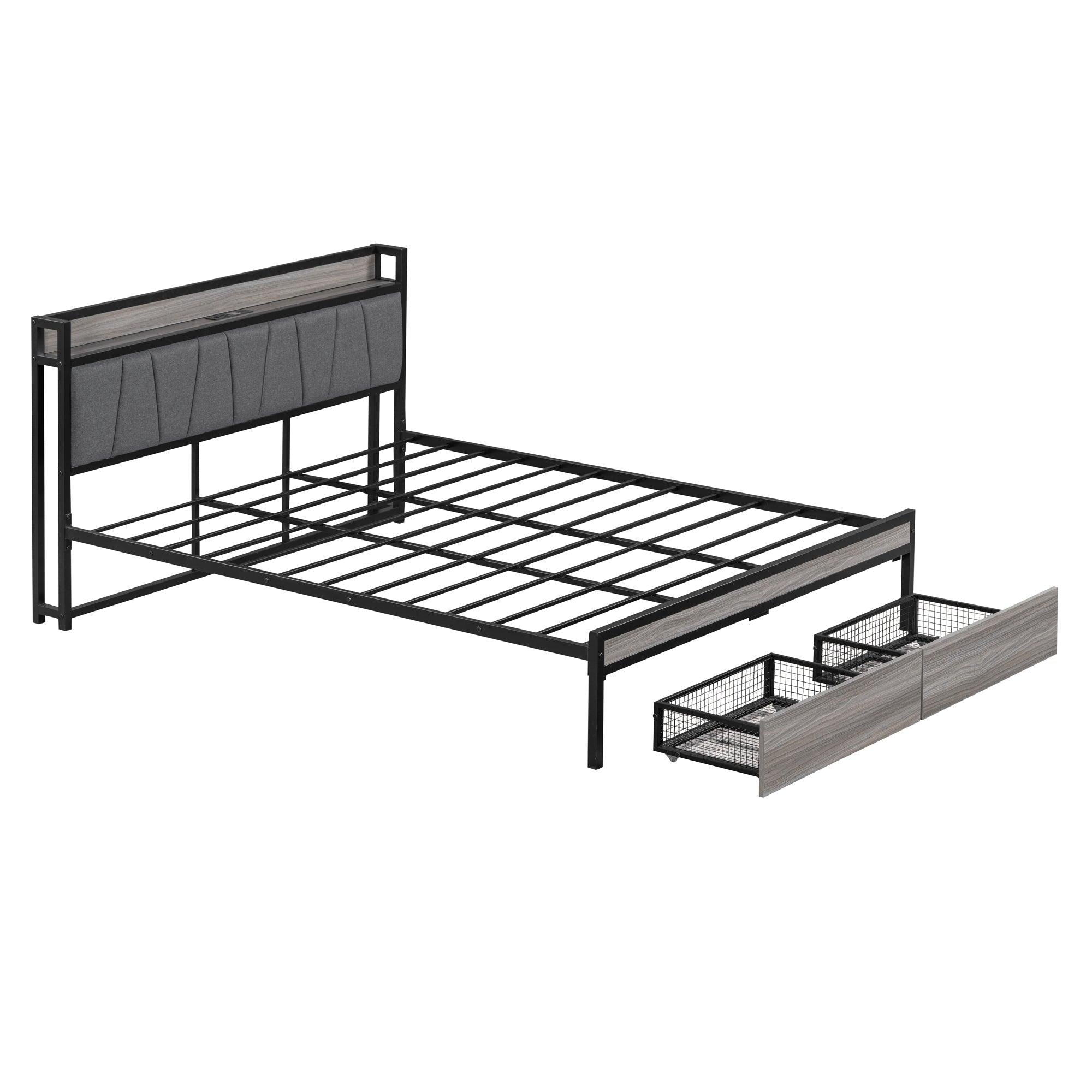 Queen Size Metal Platform Bed Frame with 2 drawers, Upholstered headboard ，Sockets, USB Ports and Slat Support ,No Box Spring Needed，Black