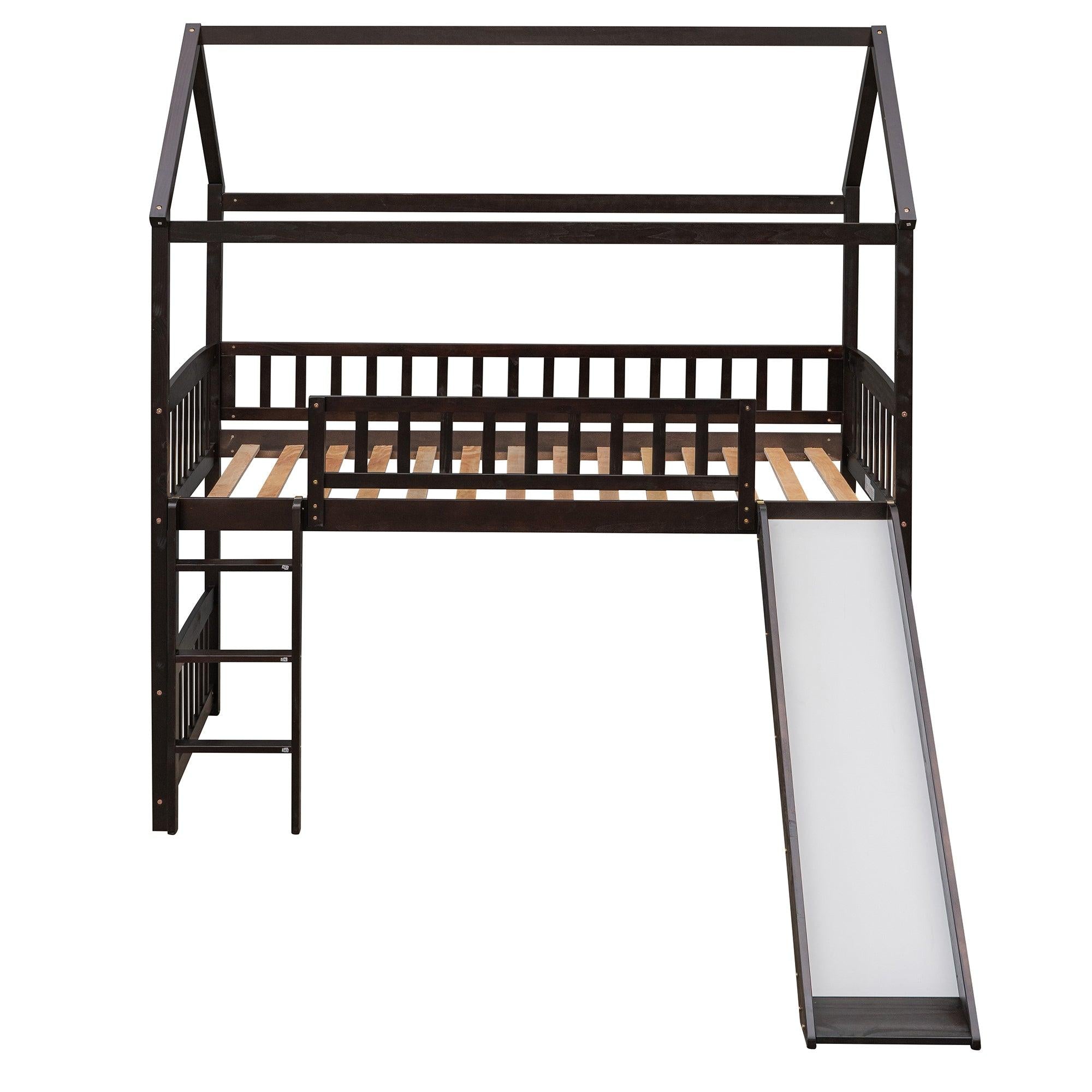 Twin Loft Bed with Slide, House Bed with Slide,Espresso