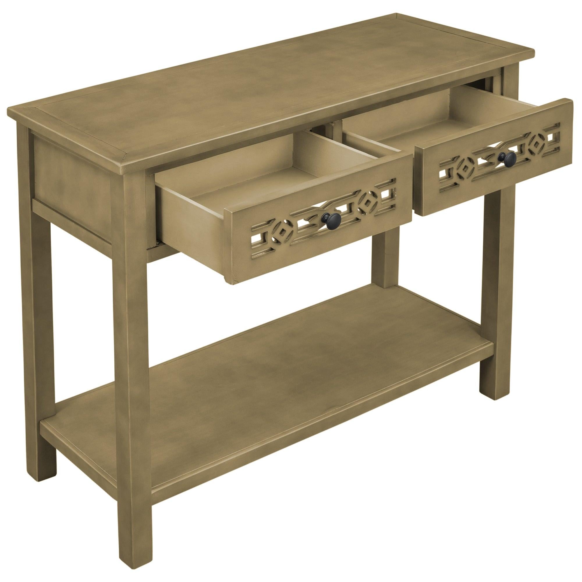 Classic Console Table with Hollow-out Decoration Two Top Drawers and Open Shelf LargeStorage Space (ld)