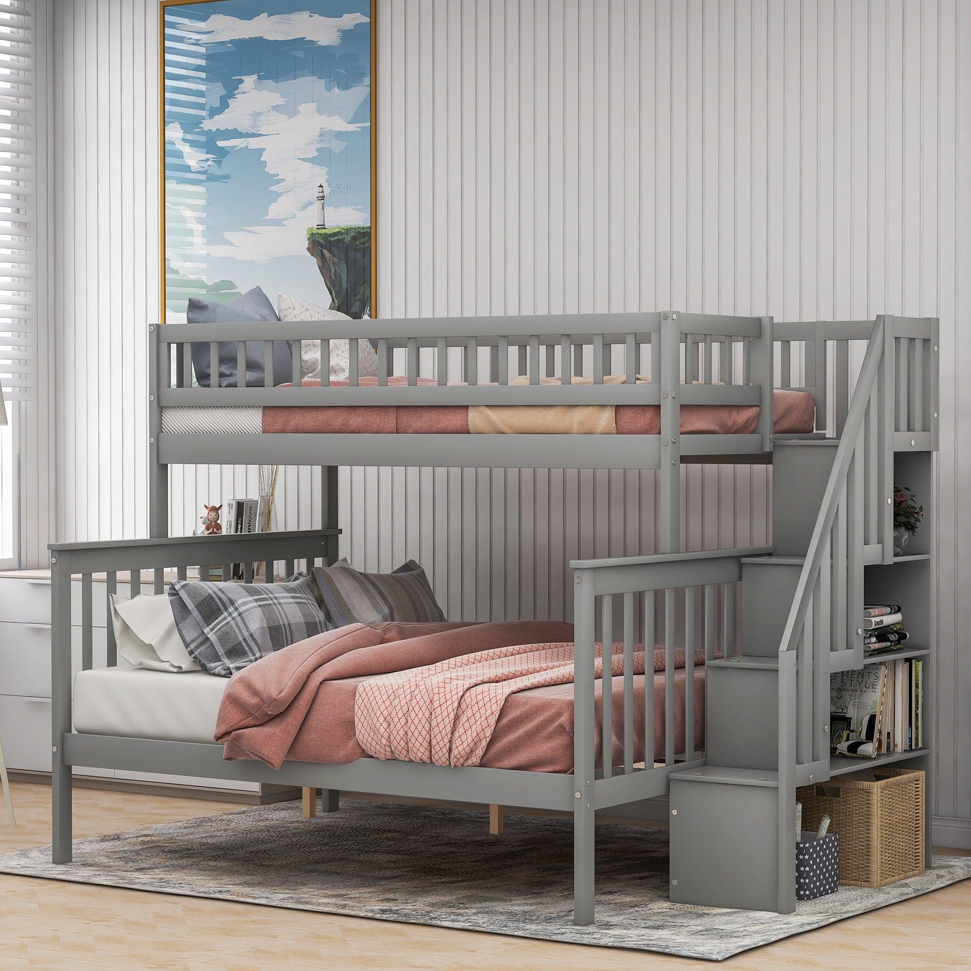 Twin over Full Stairway Bunk Bed withStorage, Gray