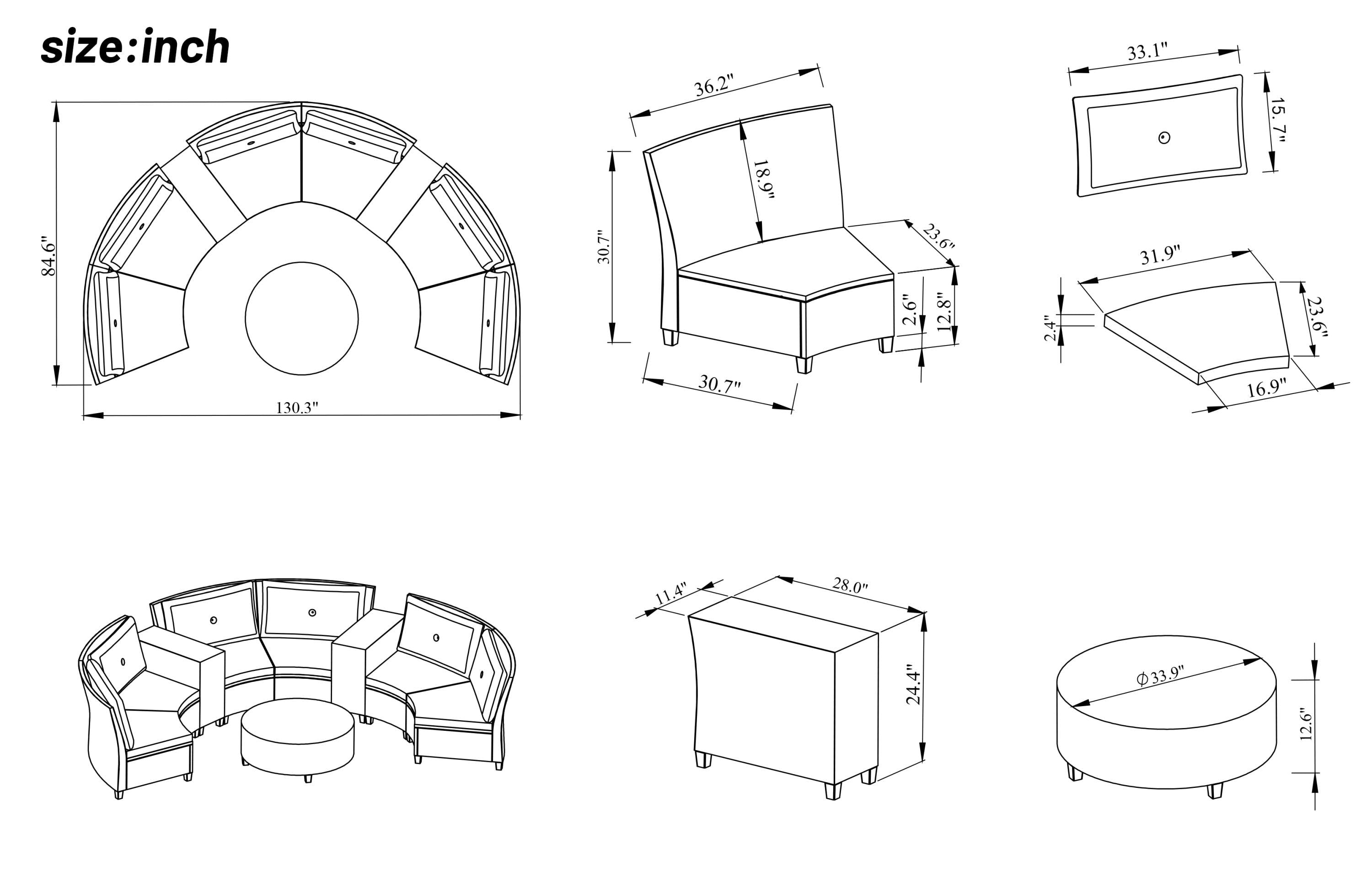 6 - Person Fan-shaped Rattan Suit Combination with Cushions and Table,Suitable for Garden