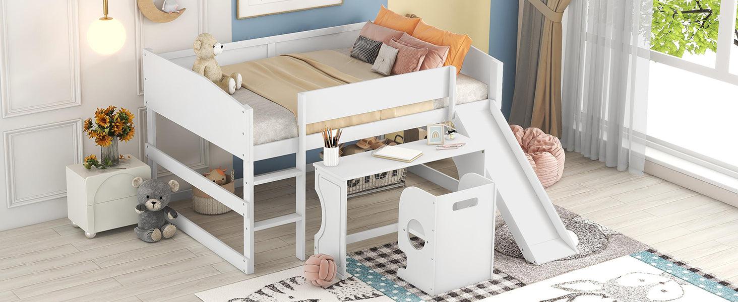 Low Study Full Loft Bed with Rolling Portable Desk and Chair,Multiple Functions Bed- White