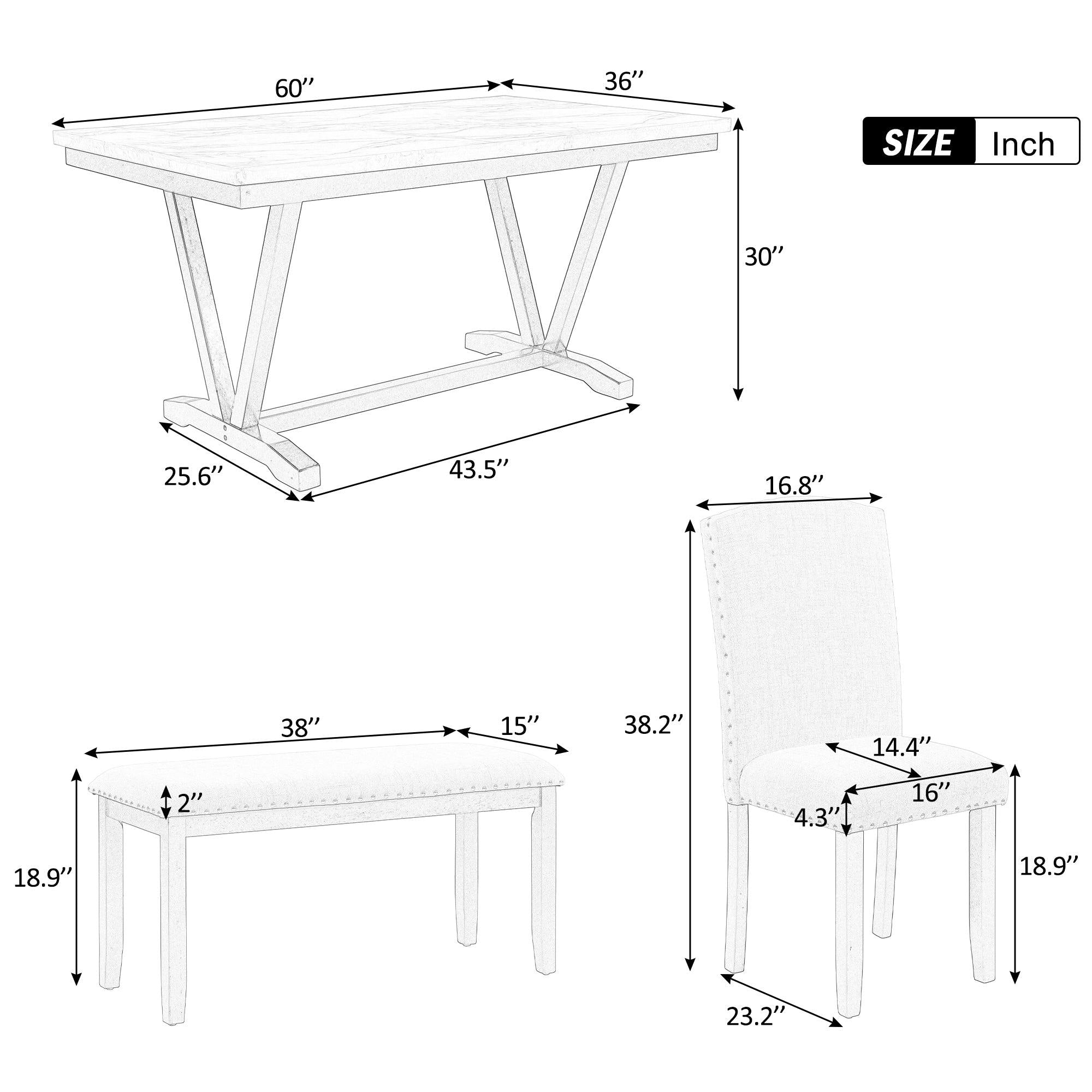 Modern Style 6-piece Dining Table with 4 Chairs & 1 Bench, Table with Marbled Veneers Tabletop and V-shaped Table Legs (White)