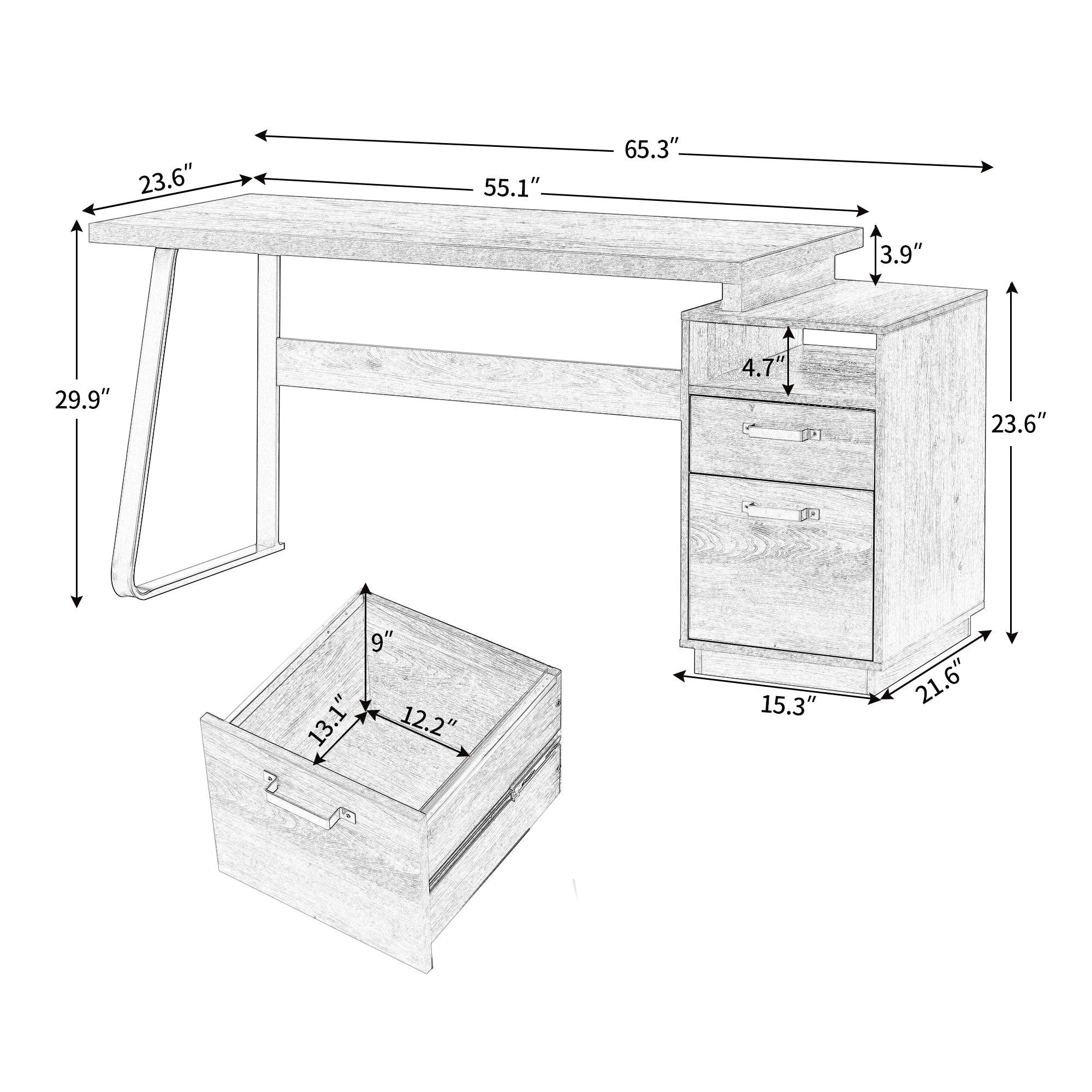 Home Office Computer Desk with Drawers/Hanging Letter-size Files, 65 inch Writing Study Table with Drawers