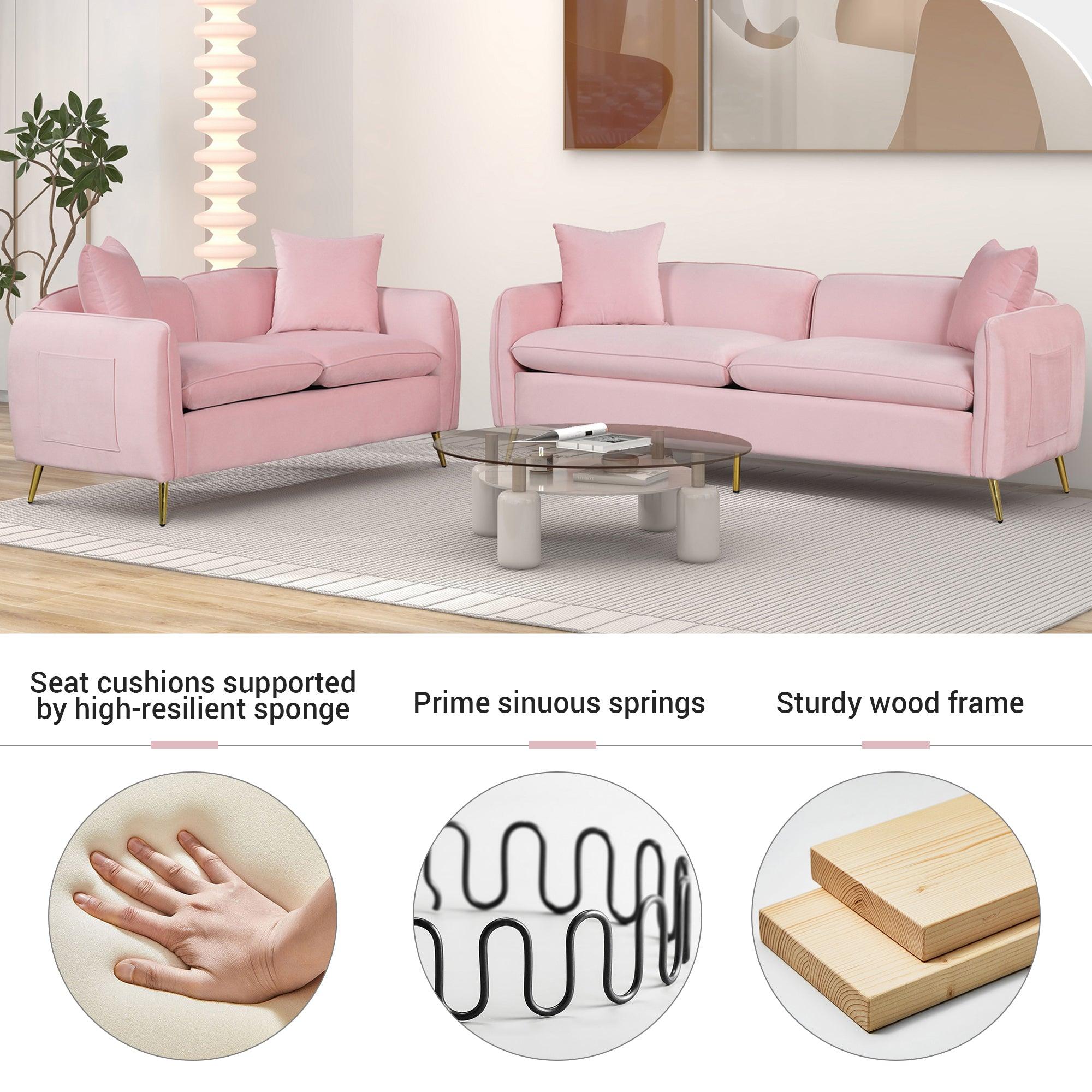 77.5" Velvet Upholstered Sofa with Armrest Pockets,3-Seat Couch with 2 Pillows and lden Metal Legs for Living Room,Apartment,Home Office,Pink