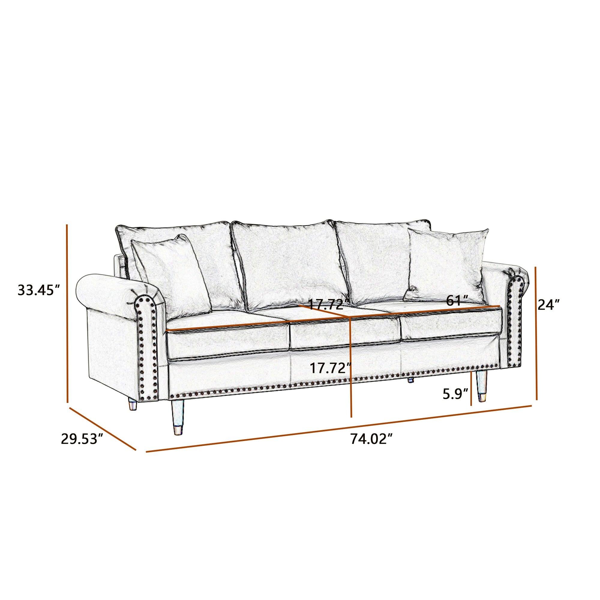 GREY Velvet Sofa Couch with 2 Pillows,Modern 3 Seater Sofa With Wood Legs for Living Room and Bedroom .