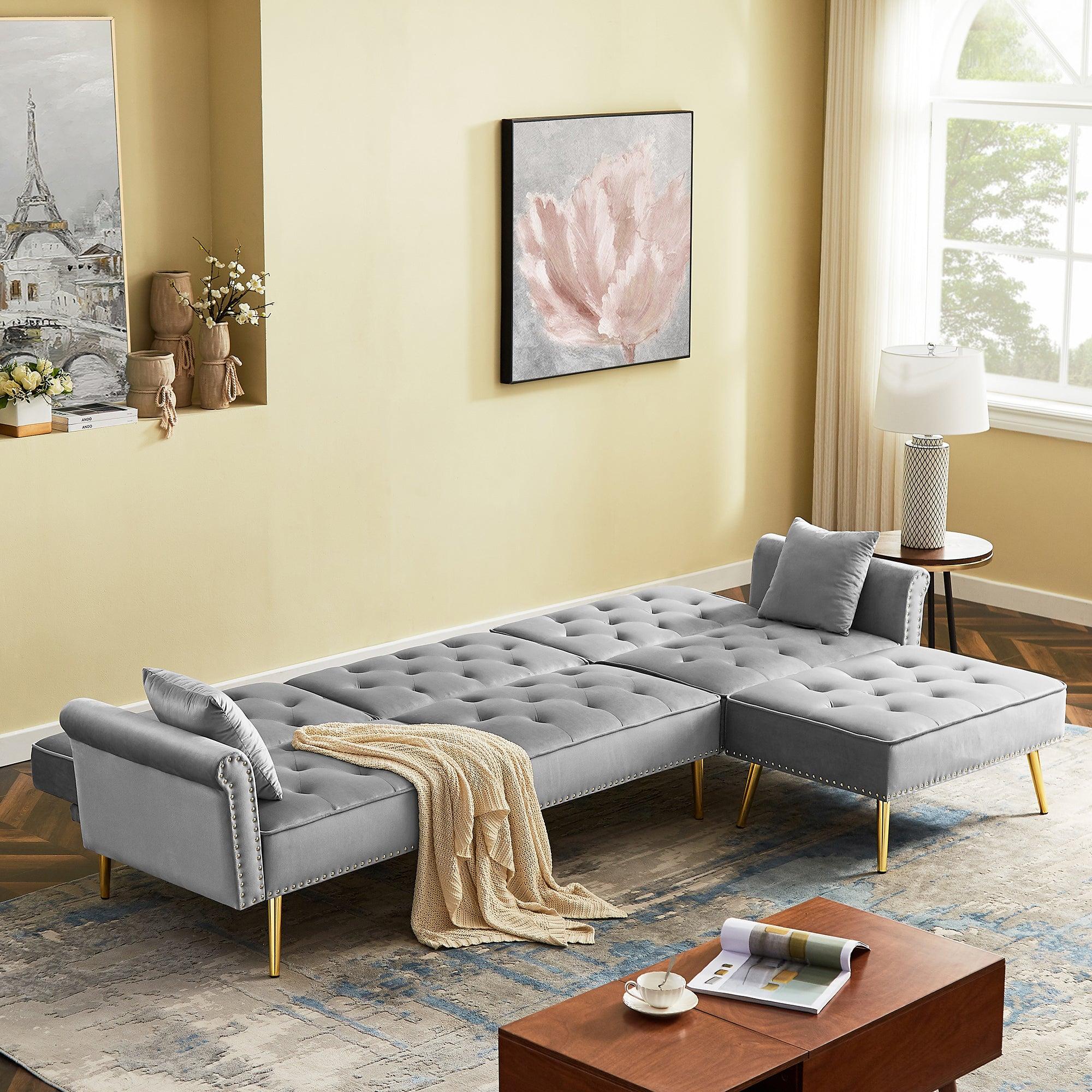 Modern Velvet Upholstered Reversible Sectional Sofa Bed , L-Shaped Couch with Movable Ottoman and Nailhead Trim For Living Room. (Light Grey)