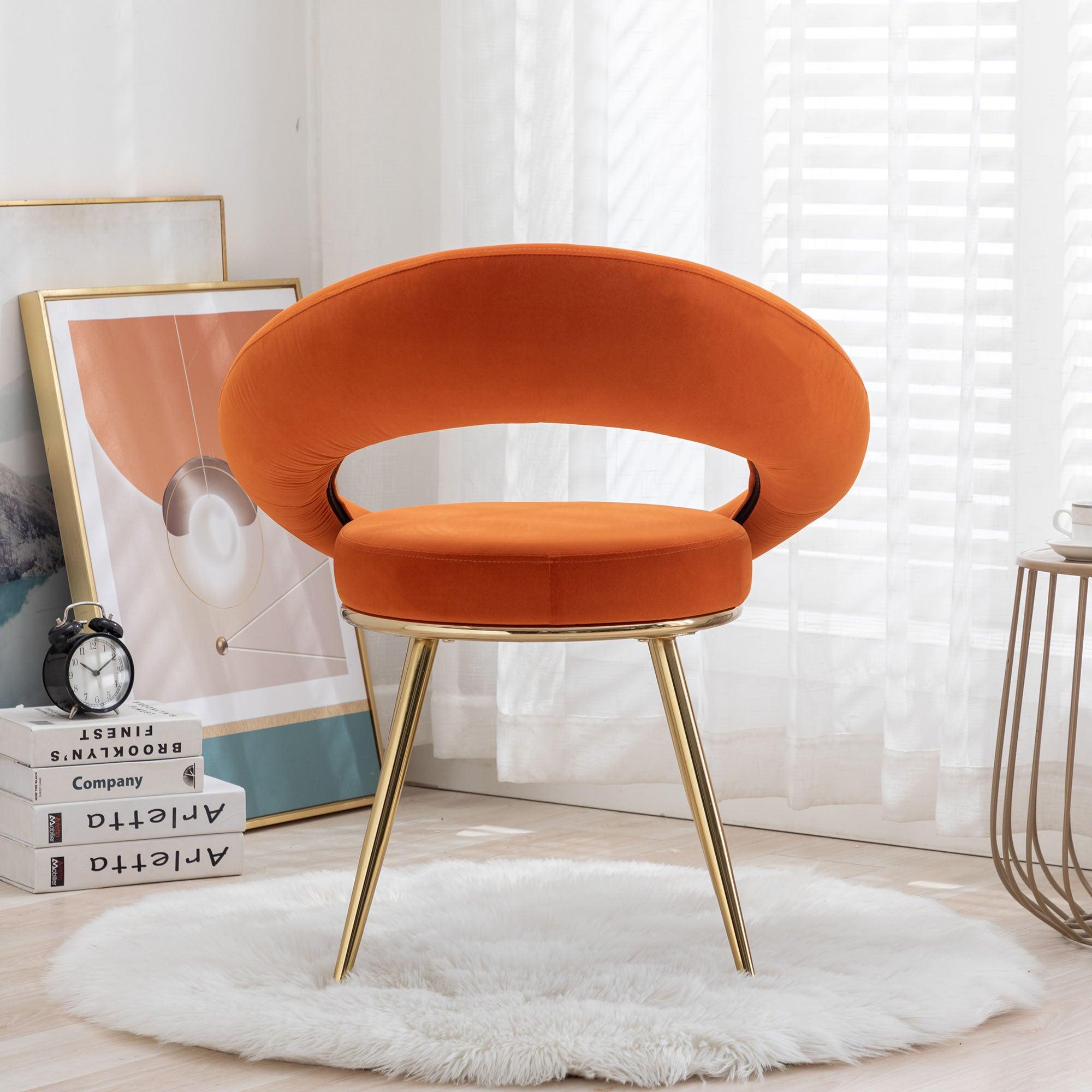 Orange VelvetModern accent/Conversation Lounge Chair With  Gold Plated Legs, unique appearance，Suitable For Office, Lounge, Living Room