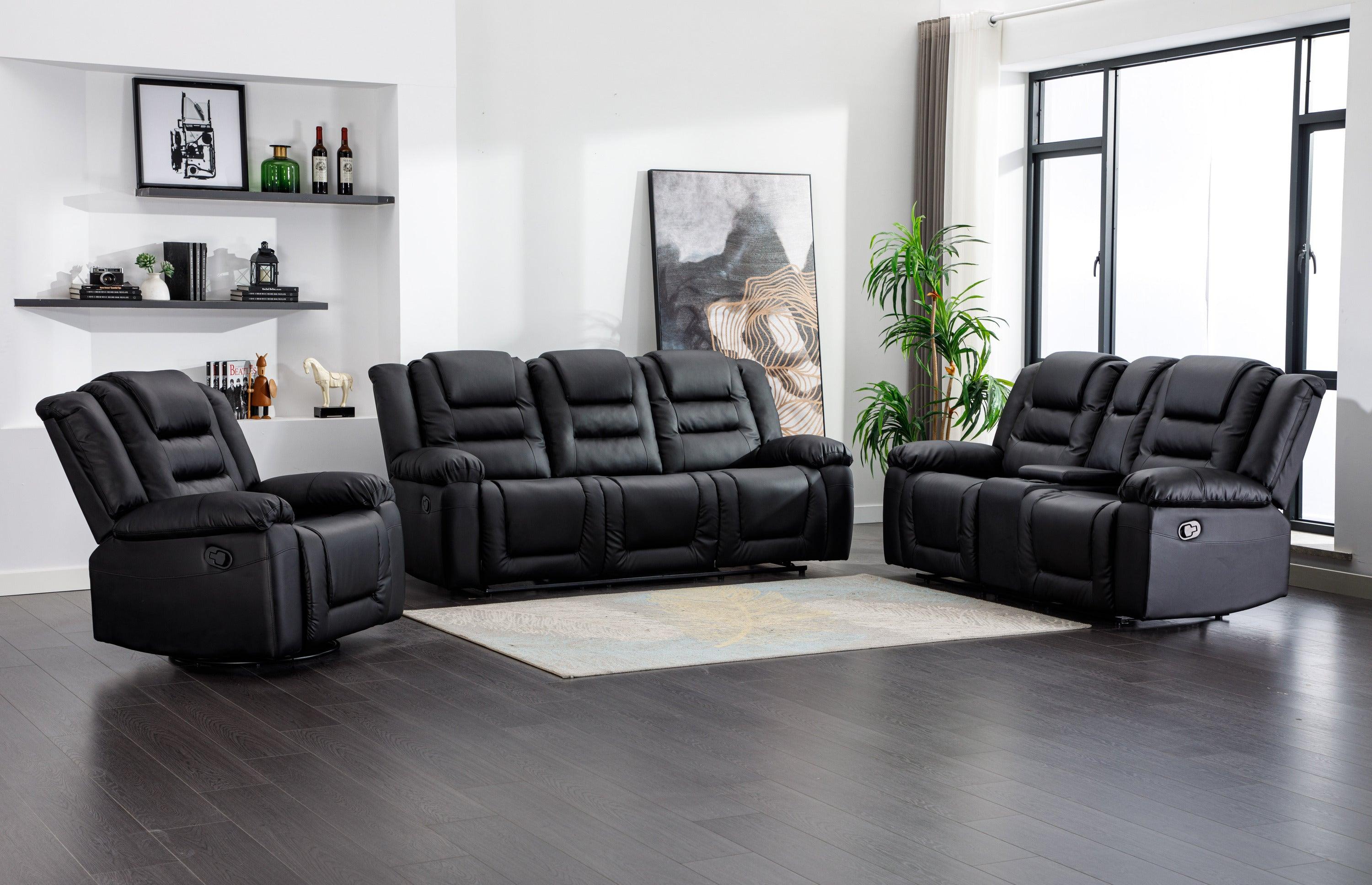 3 Pieces Recliner Sofa Sets,PU Leather Lounge Chair Loveseat Reclining Couch for Living Room,Black