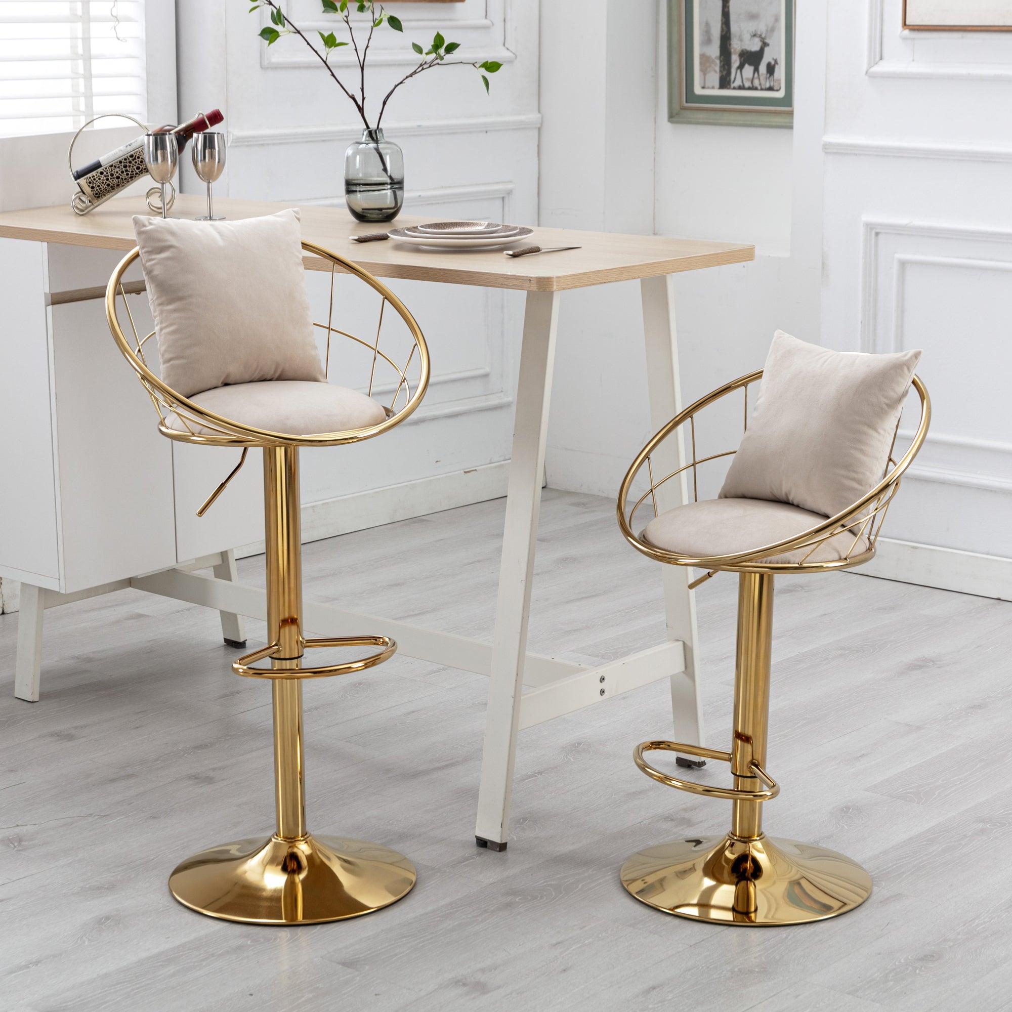 Off-White velvet bar chair, pure gold plated, unique design，360 degree rotation, adjustable height，Suitable for dinning room and bar，set of 2 image