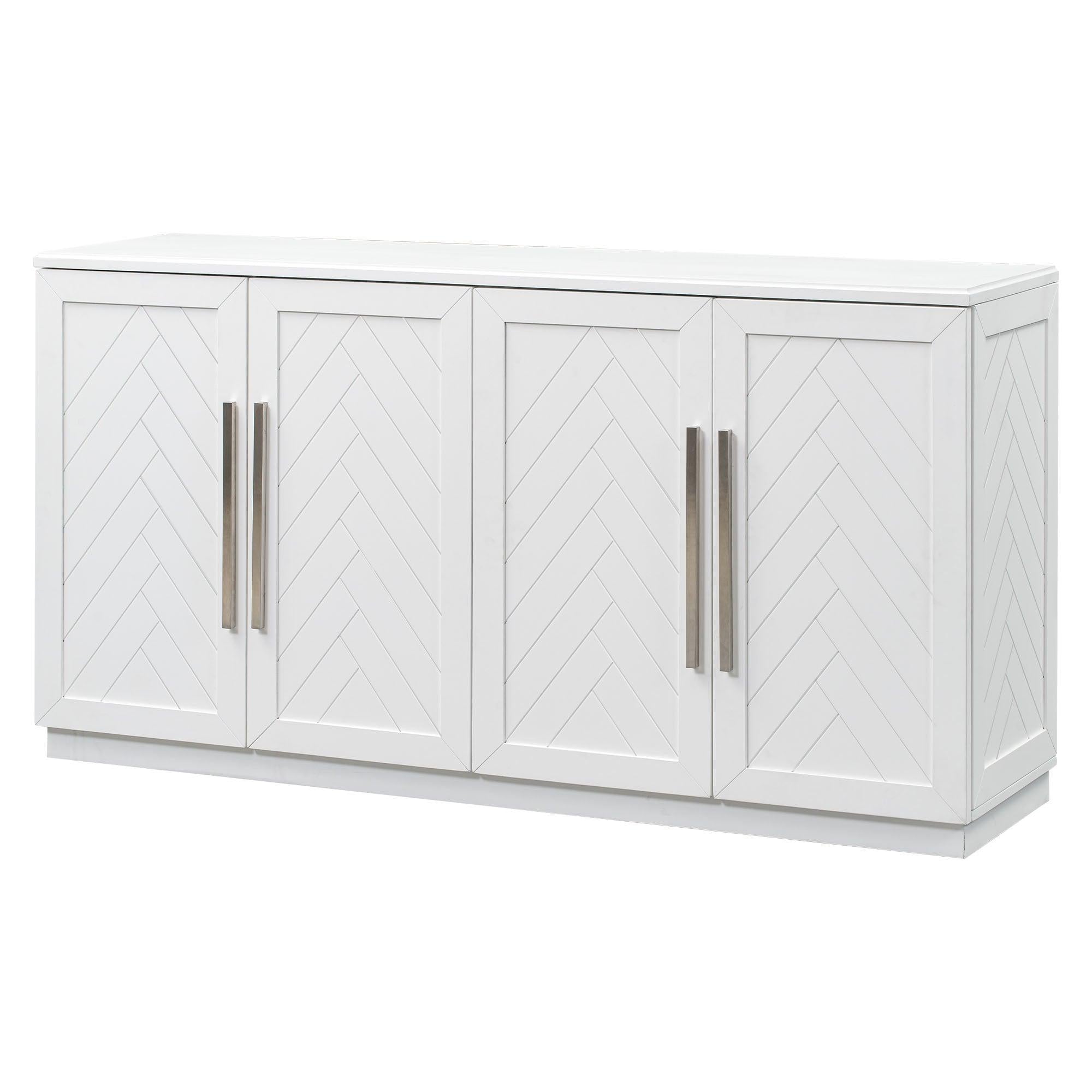 Sideboard with 4 Doors LargeStorage Space Buffet Cabinet with Adjustable Shelves and Silver Handles for Kitchen, Dining Room, Living Room (White)