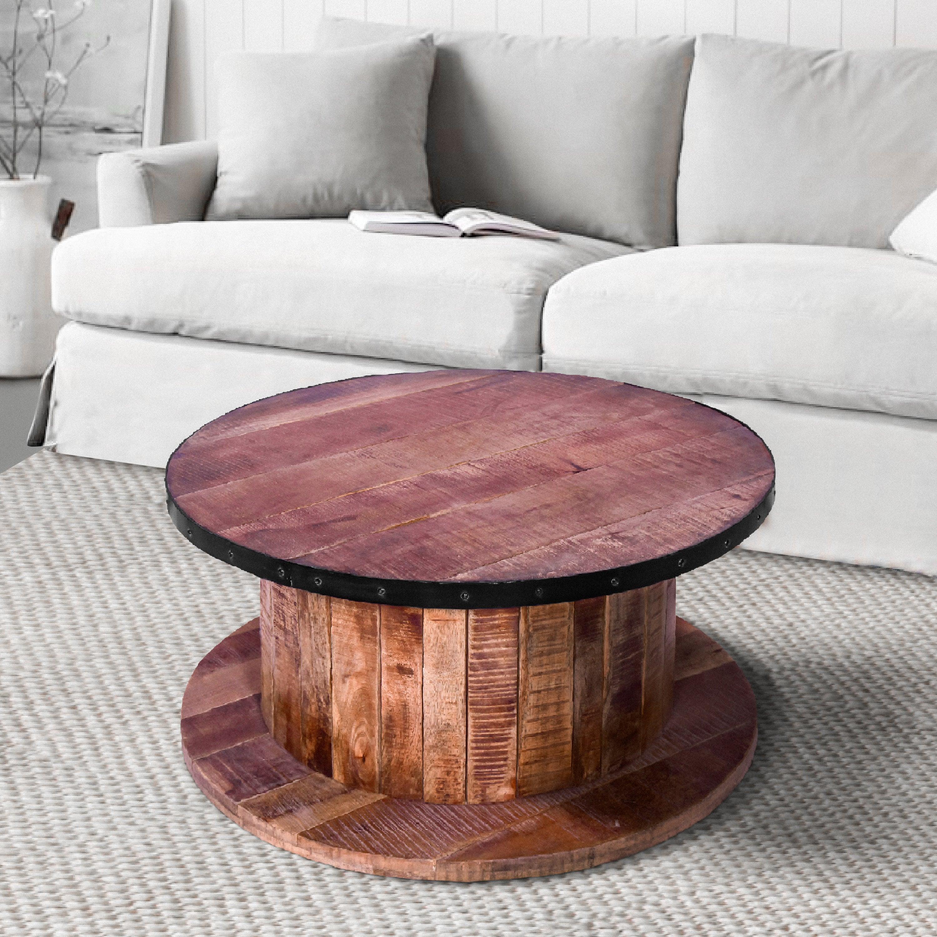 36 Inch ManWood Farmhouse Coffee Table with Rustic Plank Style Round Top and Base, Walnut and Natural Brown