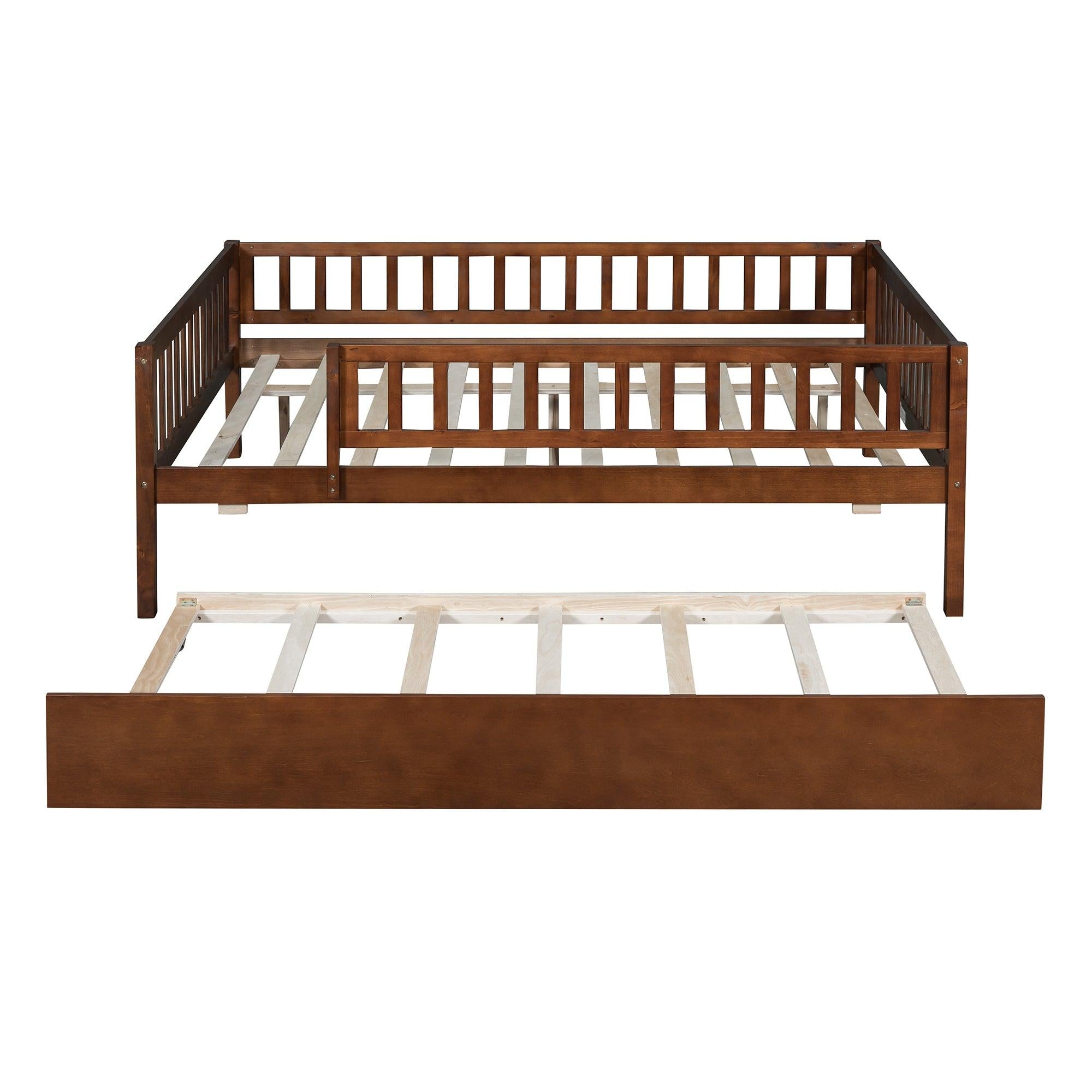 Full Size Wood Daybed with Trundle and Fence Guardrails, Walnut