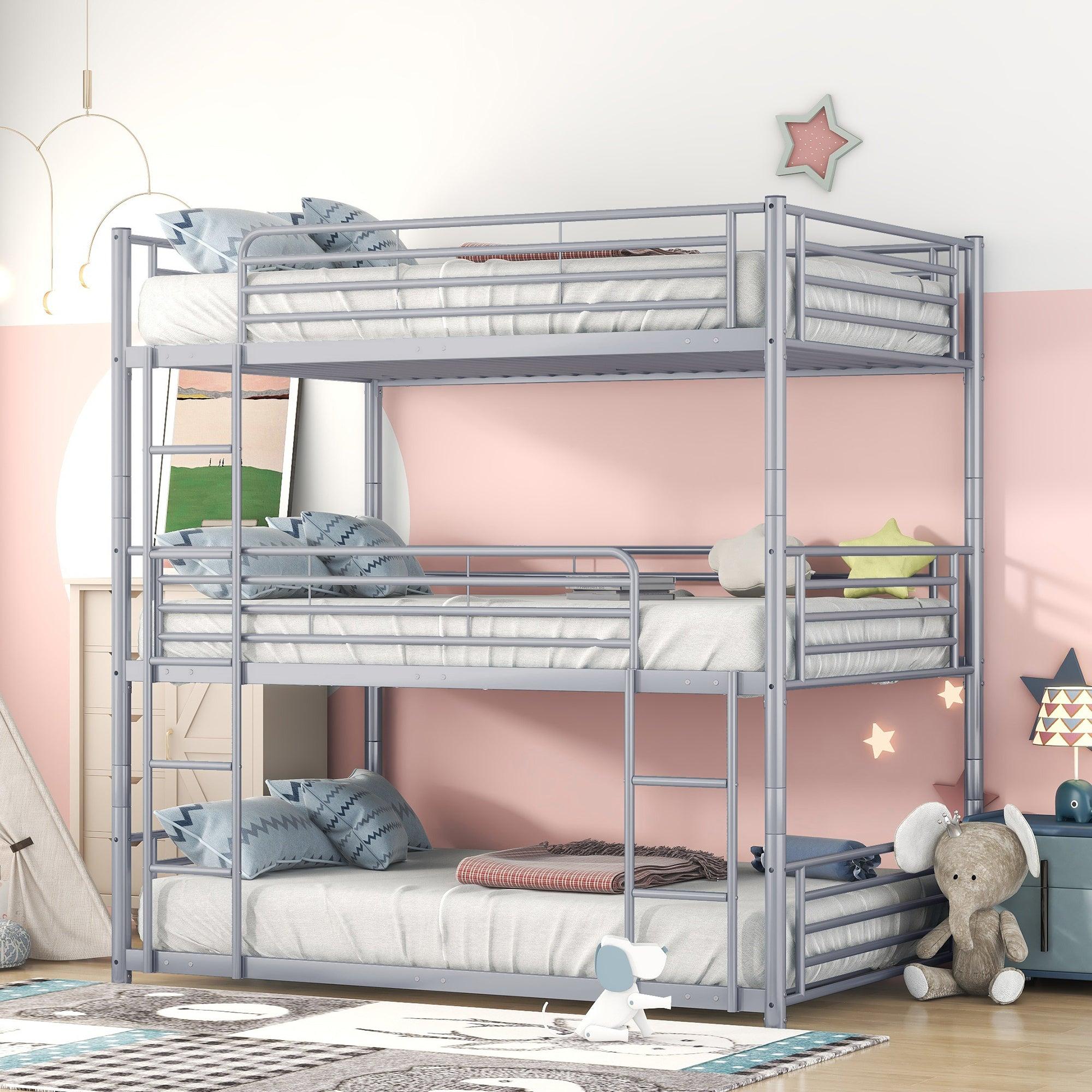 Full-Full-Full Metal  Triple Bed  with Built-in Ladder, Divided into Three Separate Beds,Gray image