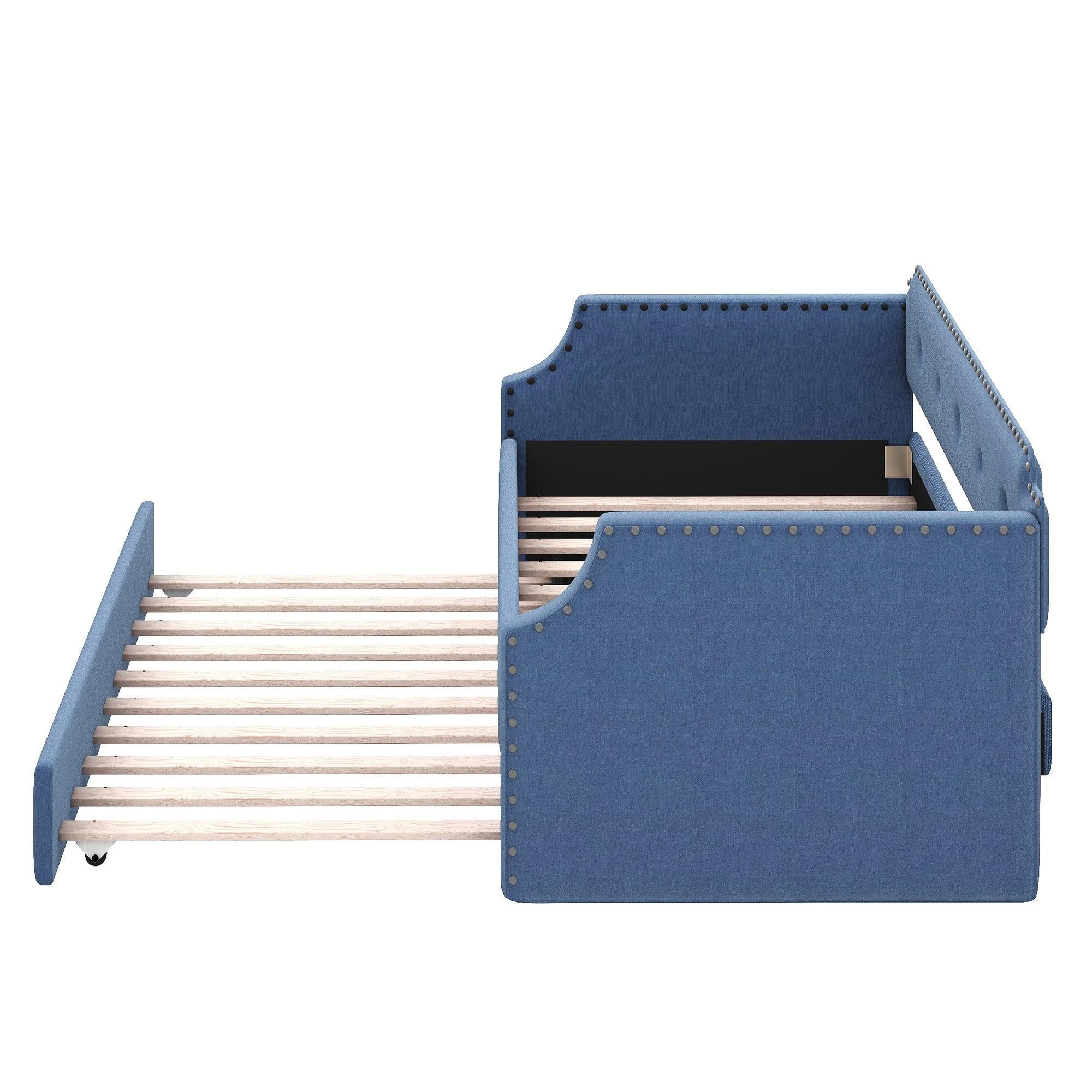 Upholstered Daybed with Trundle, Wood Slat Support,Upholstered Frame Sofa Bed , Twin,Blue