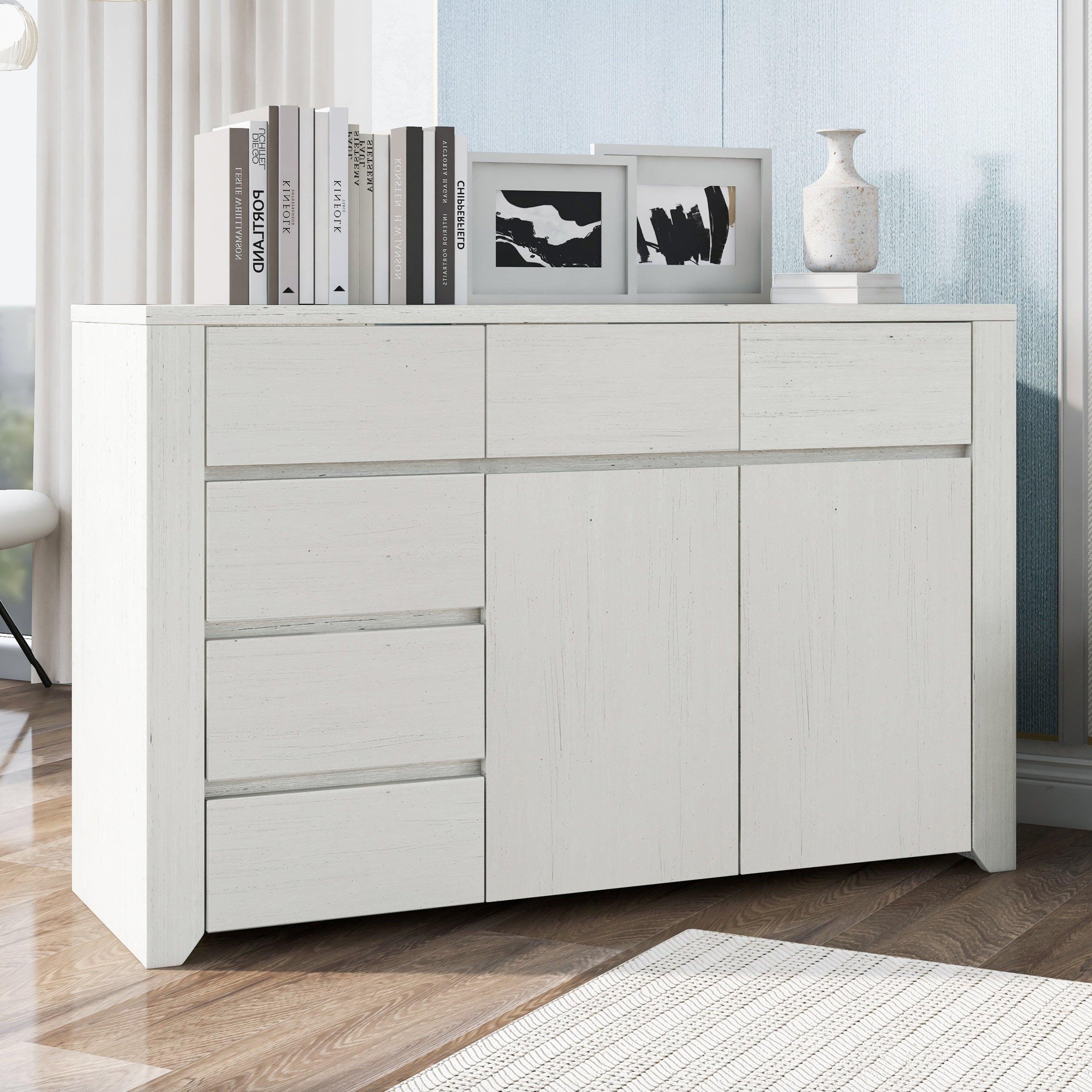 Simple Style Manufacture Wood Dresser with Wood Grain Sticker Surfaces Six Drawers and Two Level Cabinet LargeStorage Space for Living Room Bedroom Guest Room Children’s Room, Stone Gray image