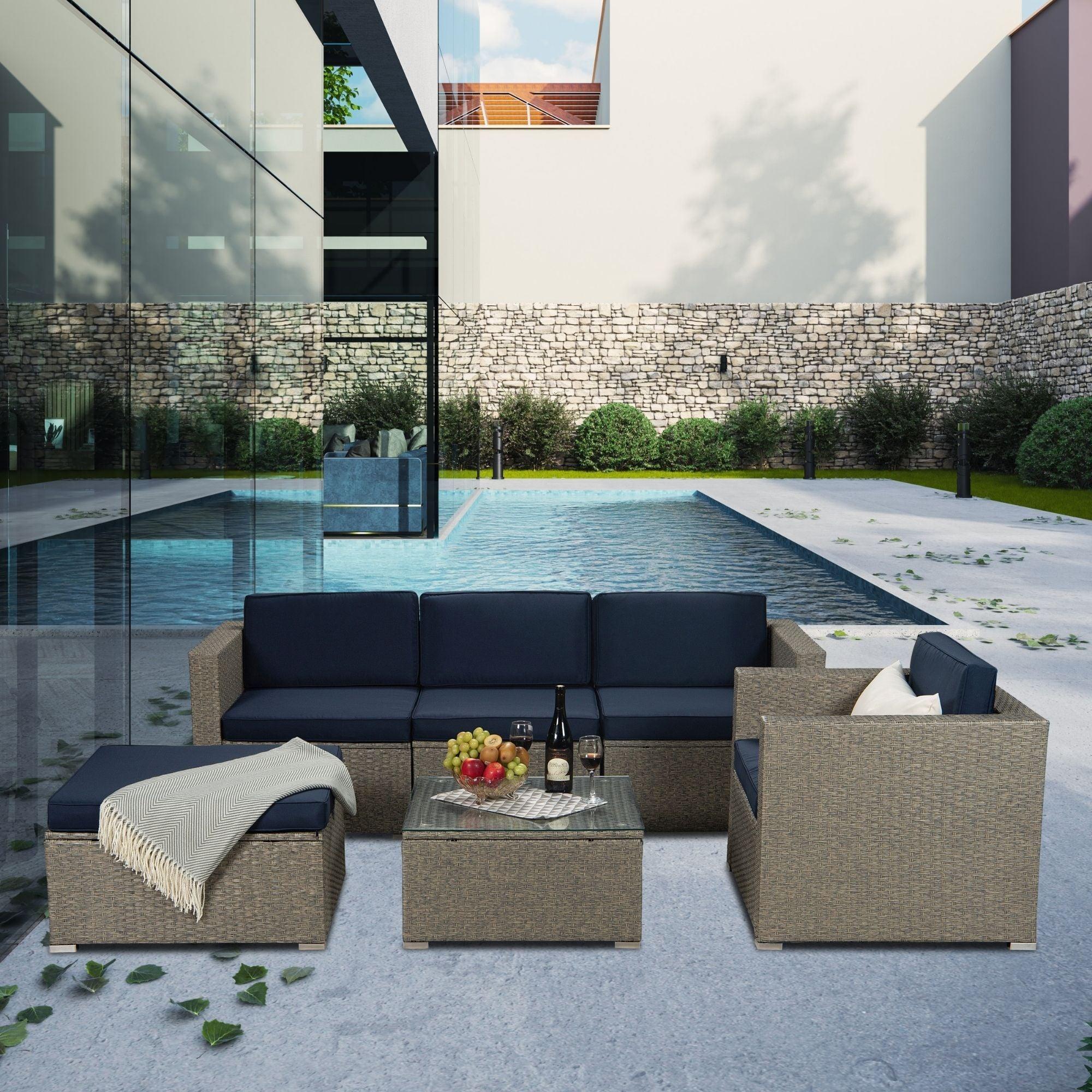 Outdoor Garden Patio Furniture 6-Piece Gray Mix Yellow PE Rattan Sectional Navy Cushioned Wicker Sofa Set with 1 Beige Pillows