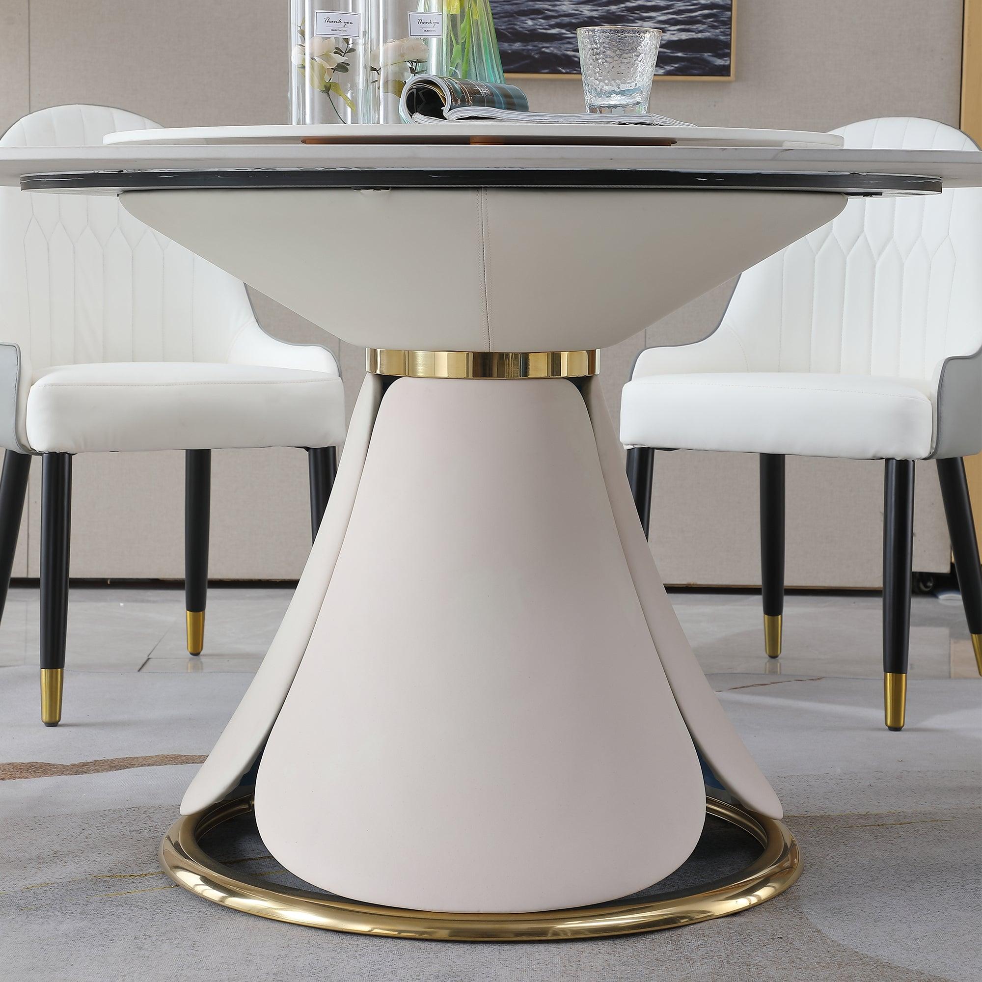 59.05"Modern Sintered stone dining table with 31.5" round turntable for 8 person with wood and metal exquisite pedestal