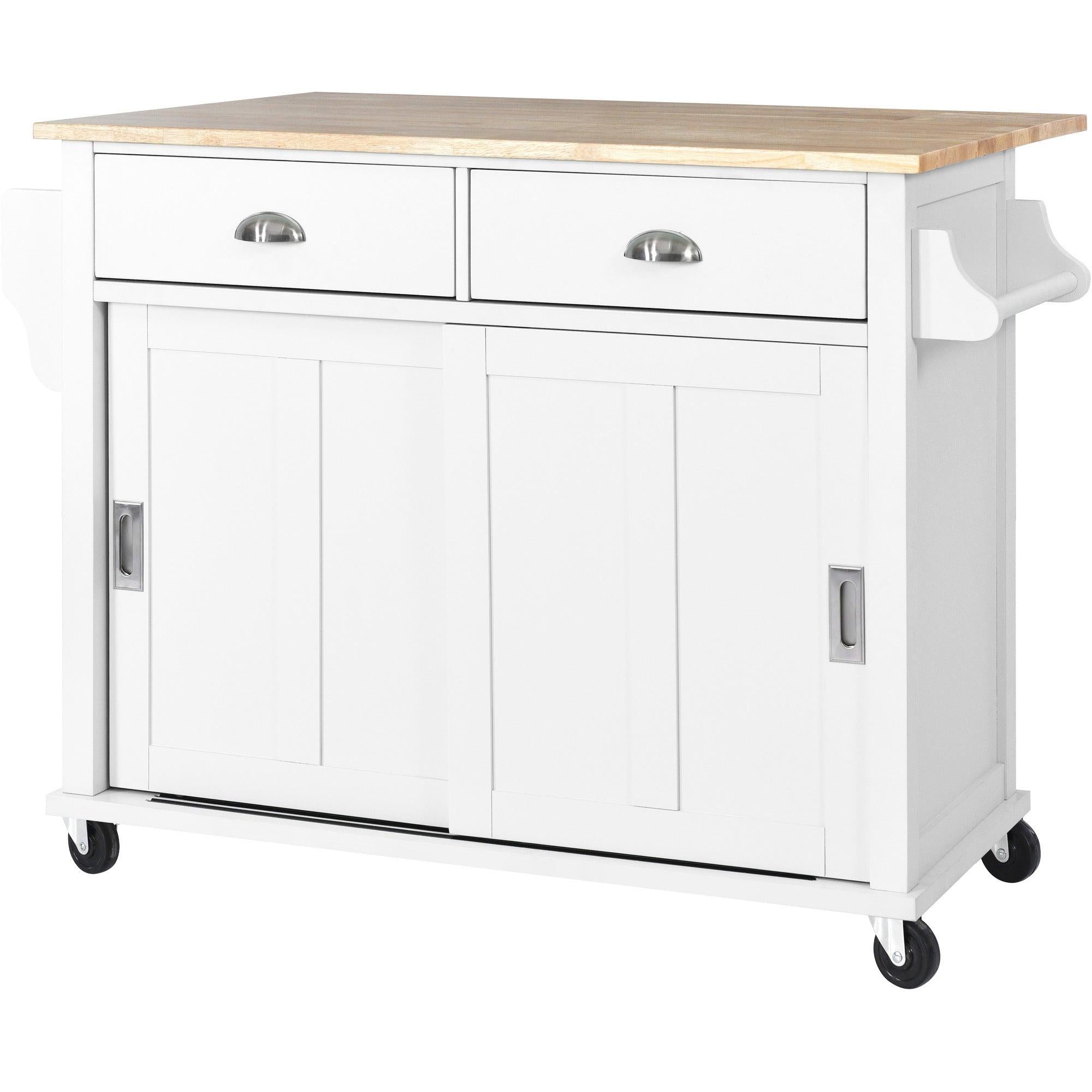 Kitchen Cart with Rubber wood Drop-Leaf Countertop, Concealed sliding barn door adjustable height,Kitchen Island on 4 Wheels withStorage Cabinet and 2 Drawers,L52.2xW30.5xH36.6 inch, White