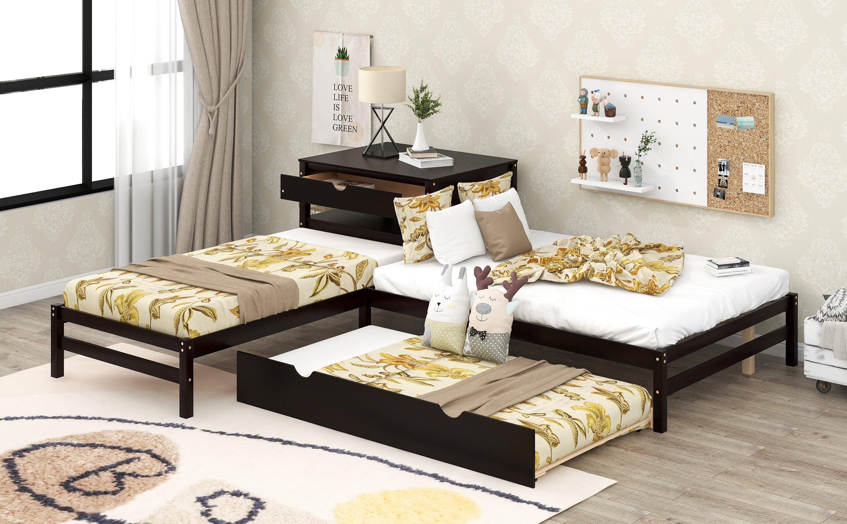 L-Shaped Full Size and Twin Size Platform Beds with Twin Size Trundle and Drawer Linked with Built-in Rectangle Table,Espresso