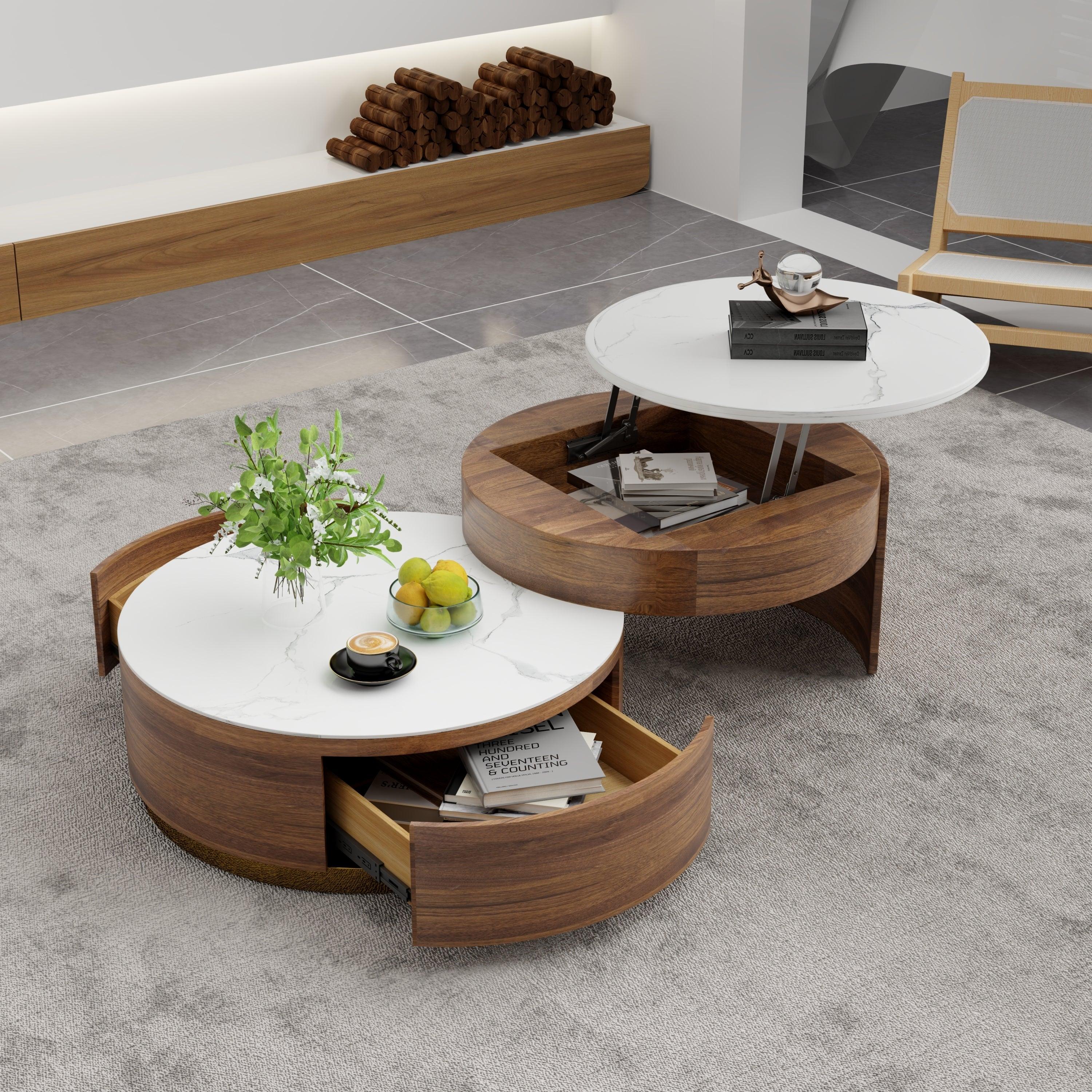 Ziv Lift-topModern Nesting Coffee Table Set Of 2, White Sintered Stone Coffee Table Set, Fully-assembled, 31.5“, Brown image