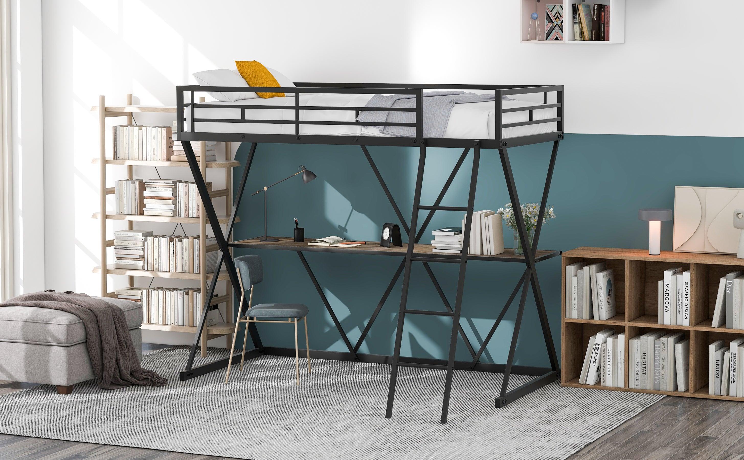 Twin Size Loft Bed with Desk, Ladder and Full-Length Guardrails, X-Shaped Frame, Black+B70608